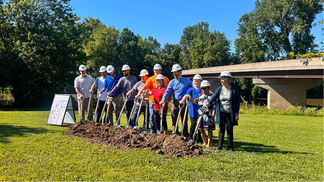 Leaders of the Town of Spencer’s Wastewater Treatment Plant Expansion stand with their hands on shovels at the project’s groundbreaking ceremony on June 24, 2026 in Spencer. The project was designed to increase the plant’s treatment capacity from about 0.7