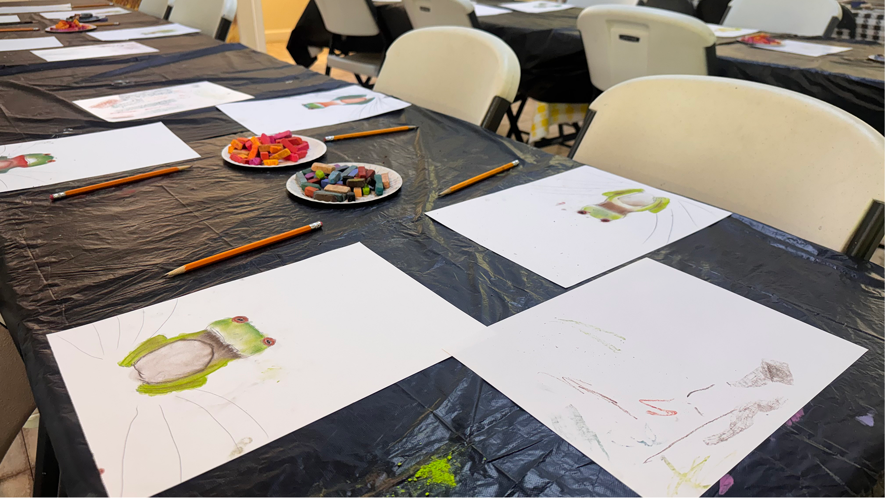 Campers' pastel frogs are pictured on a table on June 11 at the Owen County Art Guild. The finished works included lilypads drawn behind the frogs.