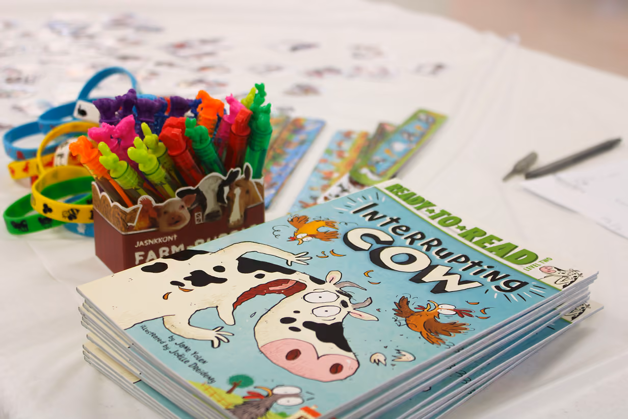The book “Interrupting Cow” lays on a table next to bubbles at the Book 2 Barn event on July 6, 2026, at the Owen County Fairgrounds at 364 S. East St., Spencer.