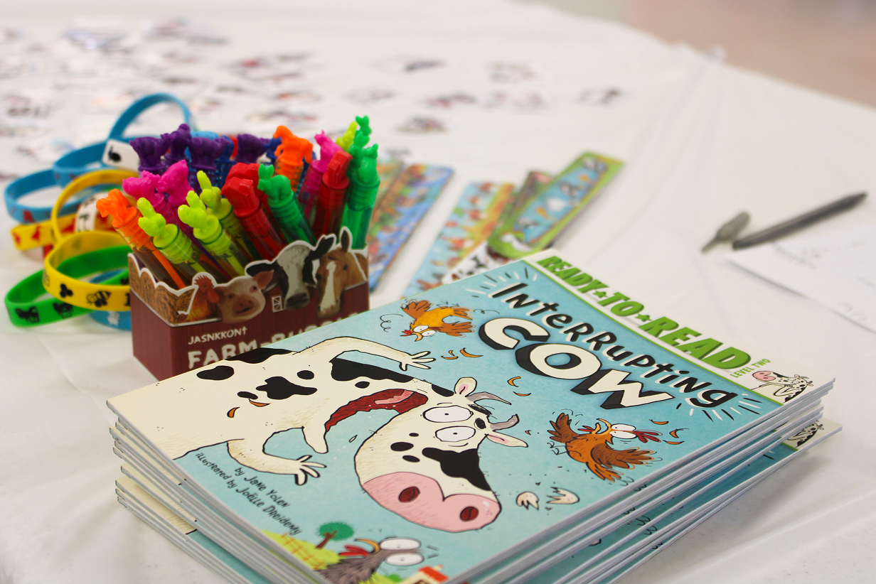 The book “Interrupting Cow” lays on a table next to bubbles at the Book 2 Barn event on July 6, 2026, at the Owen County Fairgrounds at 364 S. East St., Spencer.