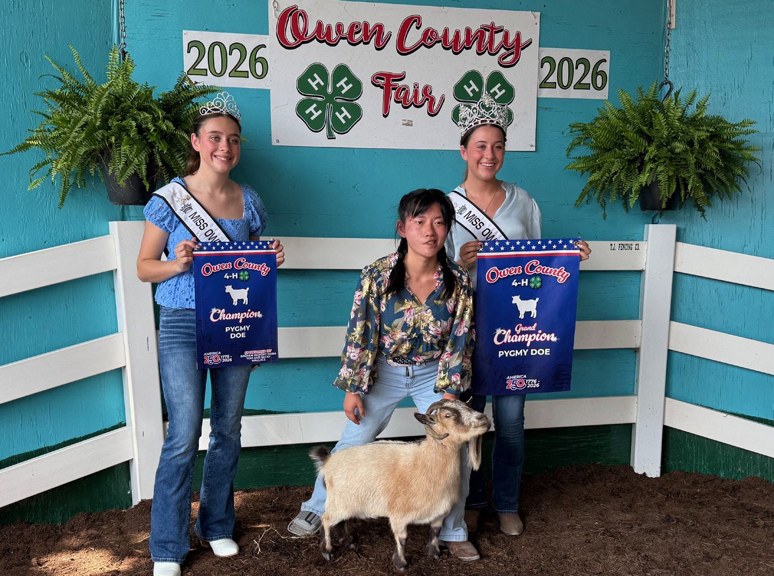 Meilynn Hess and her Grand Champion and Champion-winning pygmy doe goat are pictured with 2026 Owen County Fair Queen Makayla Hall and Owen County Fair Princess Makynlie Hall. NICOLE DECRISCIO | THE OWEN NEWS