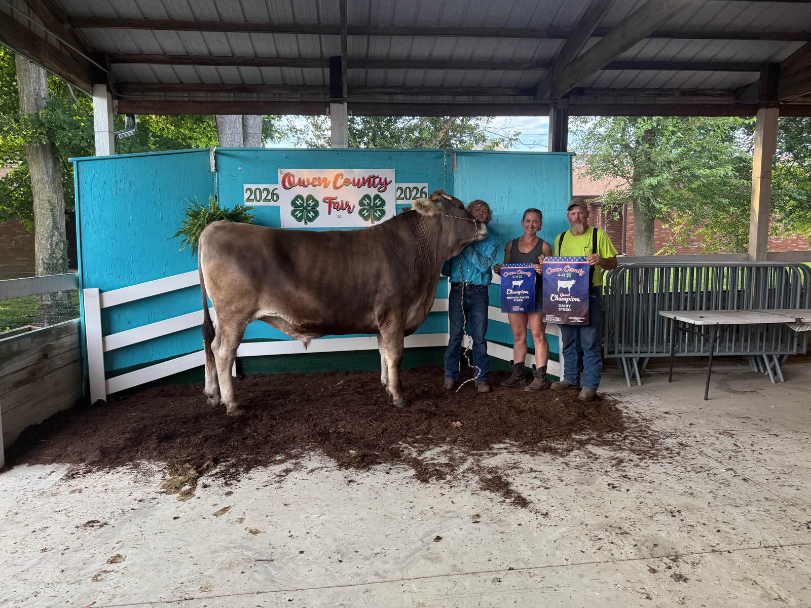 Anthony Rush poses for a photo after winning Grand Champion Dairy Steer and Champion Brown Swiss honors at the 2026 Owen County Fair. NICOLE DECRISCIO | THE OWEN NEWS