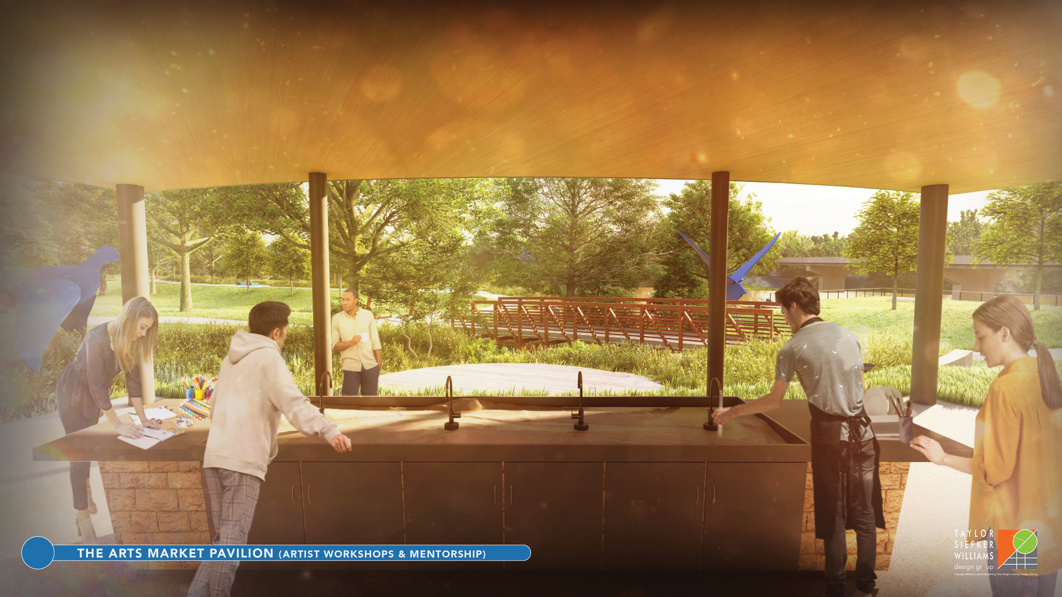 These conceptual renderings show the proposed Arts Market Pavilion at Sweet OC Arts Park along the White River in Spencer. The pavilion is planned as a space for artist markets, workshops and community events. SUBMITTED IMAGE | TAYLOR SIEFKER WILLIAMS DESIGN GROUP