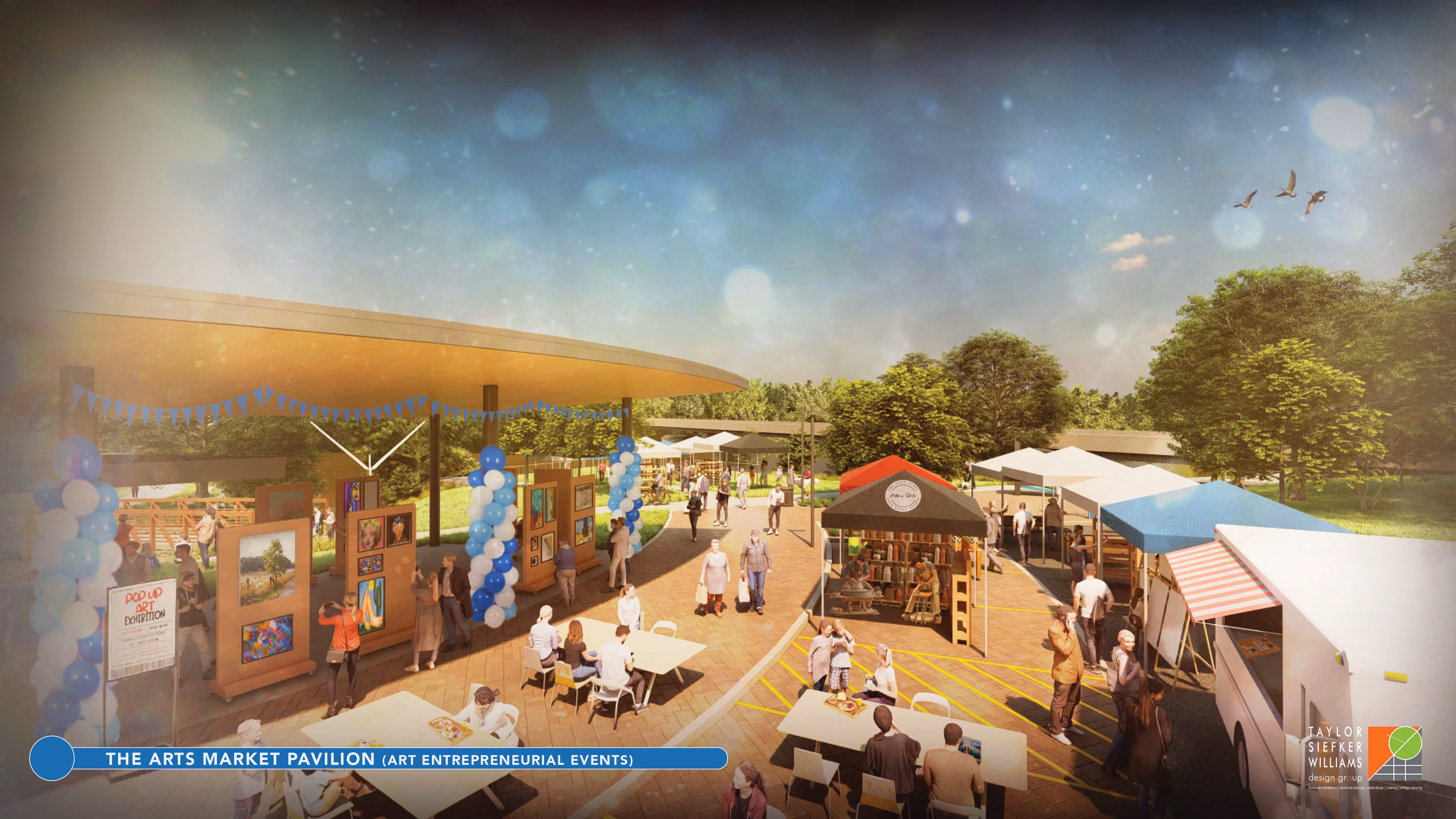 These conceptual renderings show the proposed Arts Market Pavilion at Sweet OC Arts Park along the White River in Spencer. The pavilion is planned as a space for artist markets, workshops and community events. SUBMITTED IMAGE | TAYLOR SIEFKER WILLIAMS DESIGN GROUP