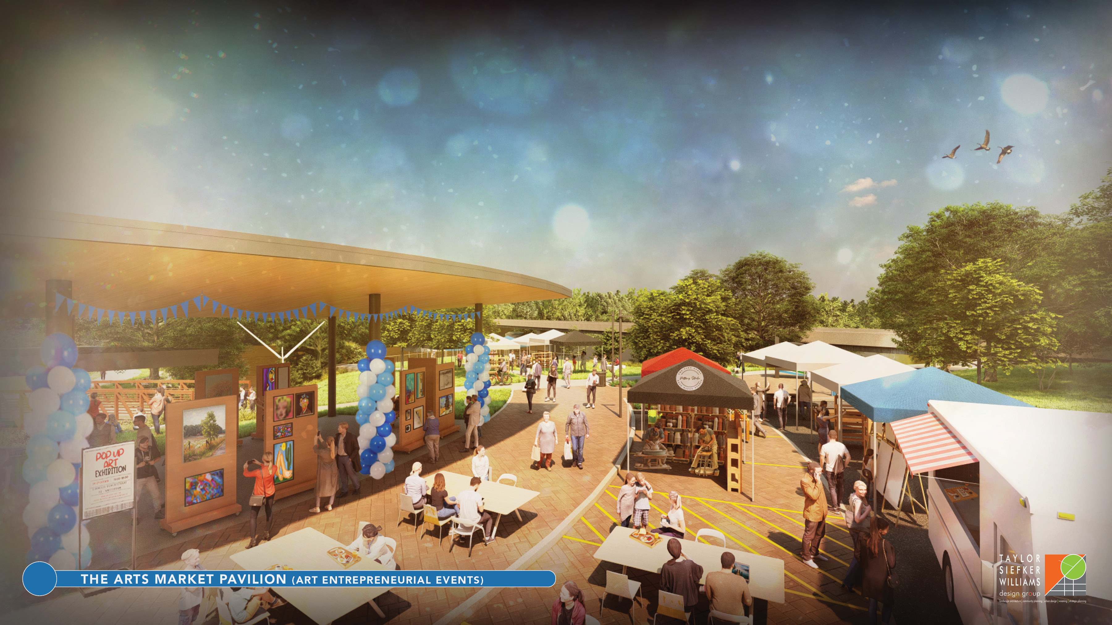 These conceptual renderings show the proposed Arts Market Pavilion at Sweet OC Arts Park along the White River in Spencer. The pavilion is planned as a space for artist markets, workshops and community events. SUBMITTED IMAGE | TAYLOR SIEFKER WILLIAMS DESIGN GROUP
