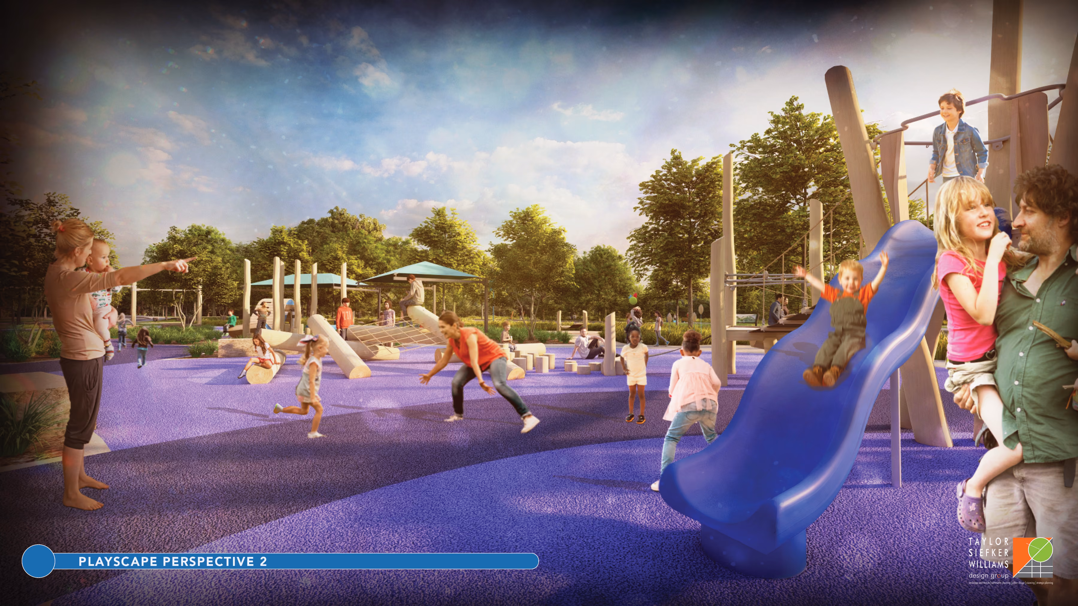Conceptual renderings show several views of the proposed Follow the River-themed playscape at Sweet OC Arts Park. Inspired by Owen County author James Alexander Thom’s novel ‘Follow the River’, the play area is envisioned as an interactive space for children and families within the riverfront park. The playscape is not included in the currently funded phase of the project, and additional fundraising will be required before it can be constructed. SUBMITTED IMAGE| TAYLOR SIEFKER WILLIAMS DESIGN GROUP