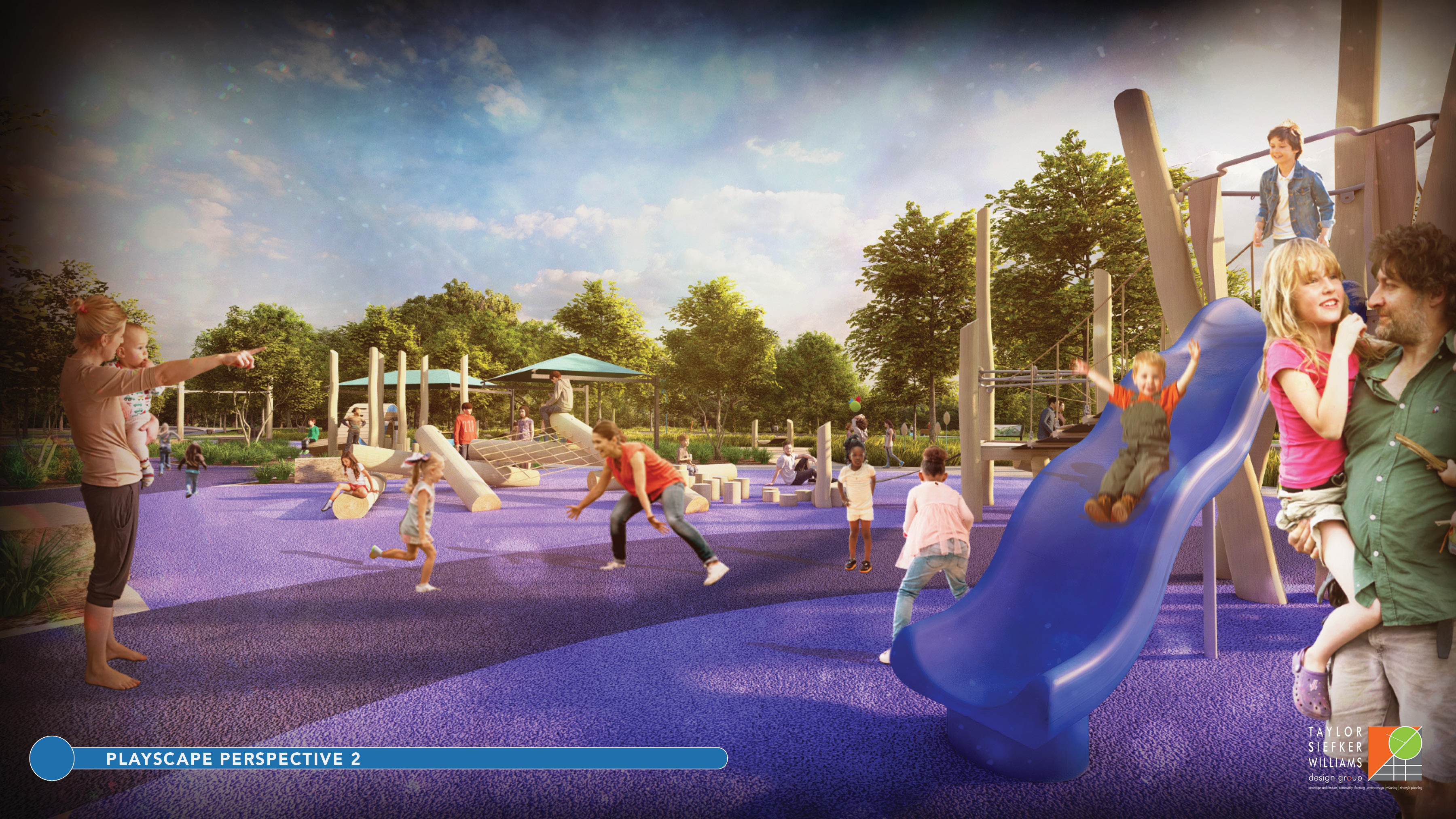 Conceptual renderings show several views of the proposed Follow the River-themed playscape at Sweet OC Arts Park. Inspired by Owen County author James Alexander Thom’s novel ‘Follow the River’, the play area is envisioned as an interactive space for children and families within the riverfront park. The playscape is not included in the currently funded phase of the project, and additional fundraising will be required before it can be constructed. SUBMITTED IMAGE| TAYLOR SIEFKER WILLIAMS DESIGN GROUP