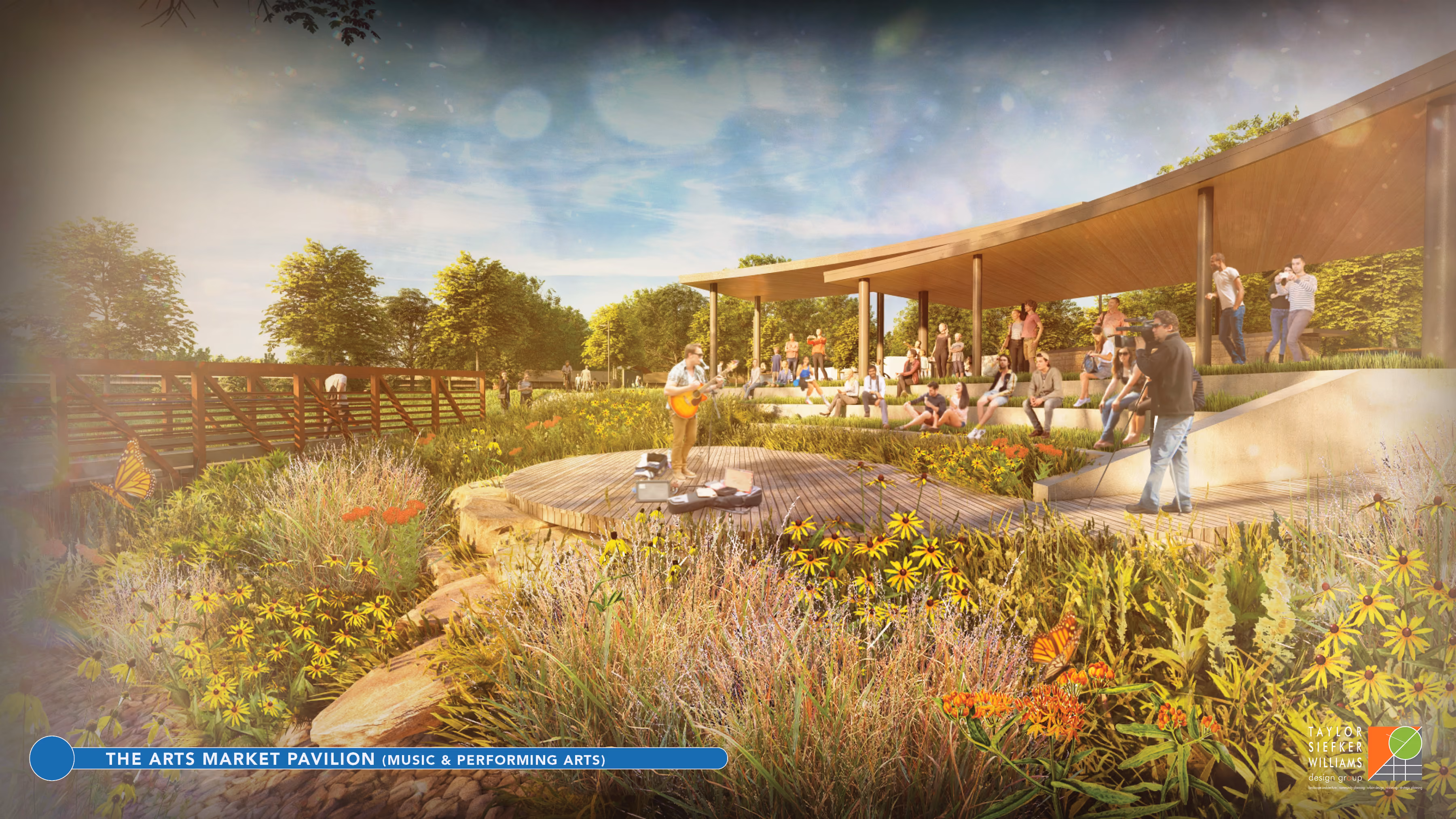 These conceptual renderings show the proposed Arts Market Pavilion at Sweet OC Arts Park along the White River in Spencer. The pavilion is planned as a space for artist markets, workshops and community events. SUBMITTED IMAGE | TAYLOR SIEFKER WILLIAMS DESIGN GROUP