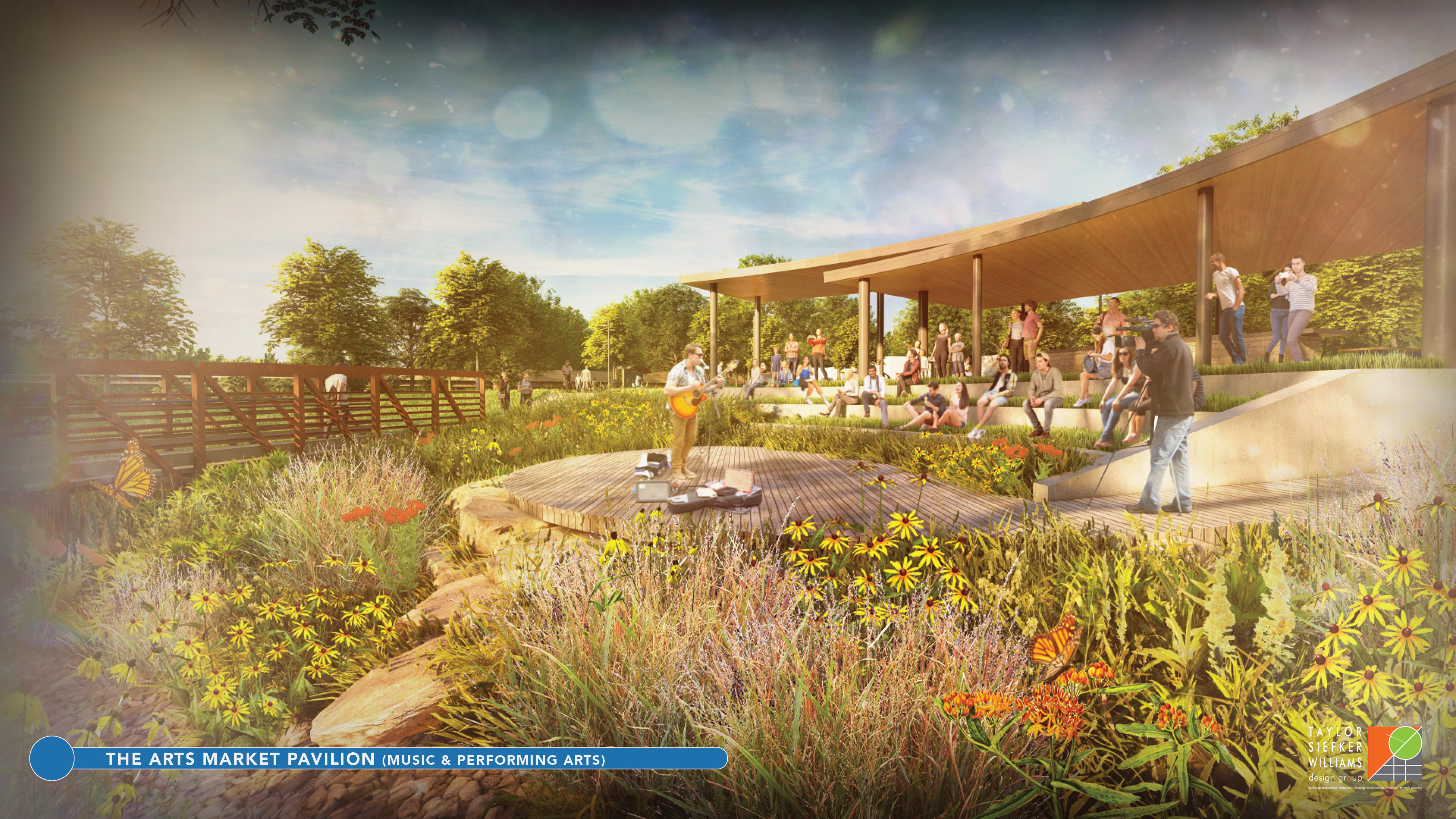 These conceptual renderings show the proposed Arts Market Pavilion at Sweet OC Arts Park along the White River in Spencer. The pavilion is planned as a space for artist markets, workshops and community events. SUBMITTED IMAGE | TAYLOR SIEFKER WILLIAMS DESIGN GROUP