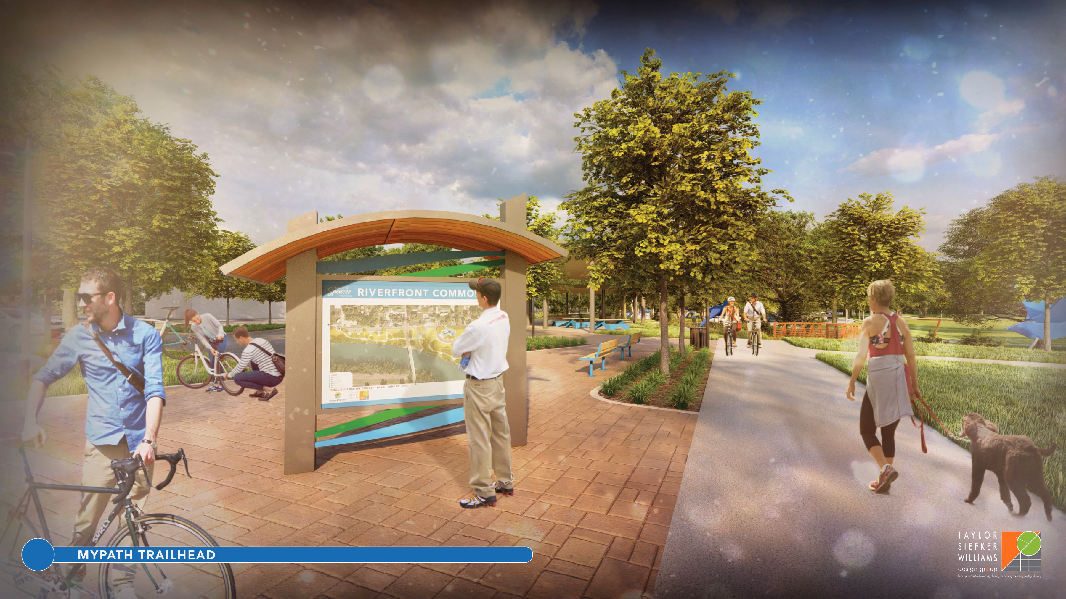 A conceptual rendering shows the planned MyPath Trailhead at Sweet OC Arts Park along the Spencer riverfront. The trailhead will help connect downtown Spencer with the MyPath trail system and McCormick’s Creek State Park while providing space for pedestrians, bicyclists and other park visitors. SUBMITTED IMAGE | TAYLOR SIEFKER WILLIAMS DESIGN GROUP