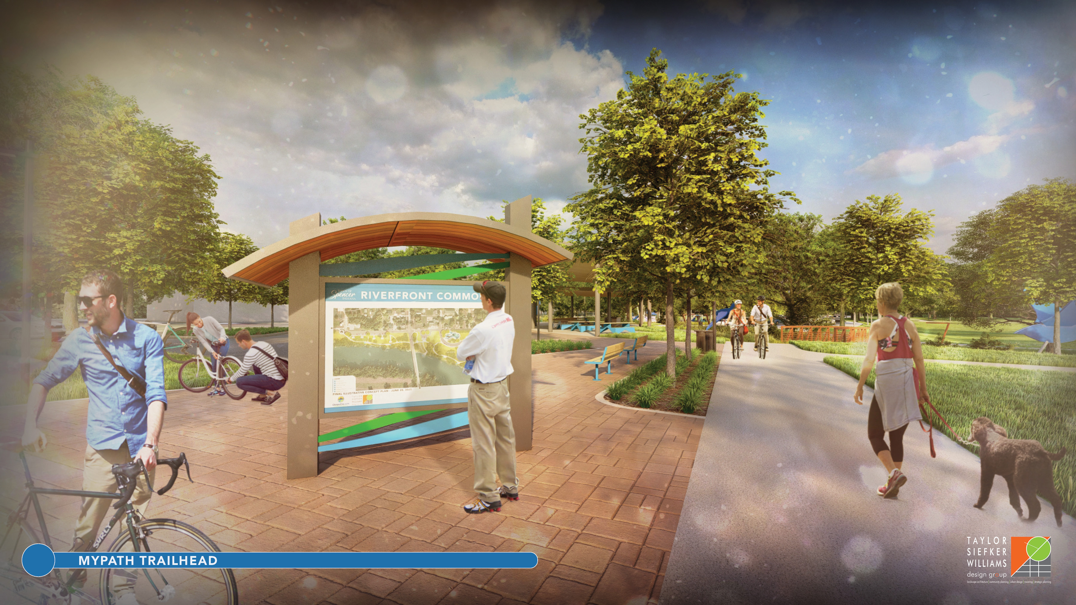 A conceptual rendering shows the planned MyPath Trailhead at Sweet OC Arts Park along the Spencer riverfront. The trailhead will help connect downtown Spencer with the MyPath trail system and McCormick’s Creek State Park while providing space for pedestrians, bicyclists and other park visitors. SUBMITTED IMAGE | TAYLOR SIEFKER WILLIAMS DESIGN GROUP