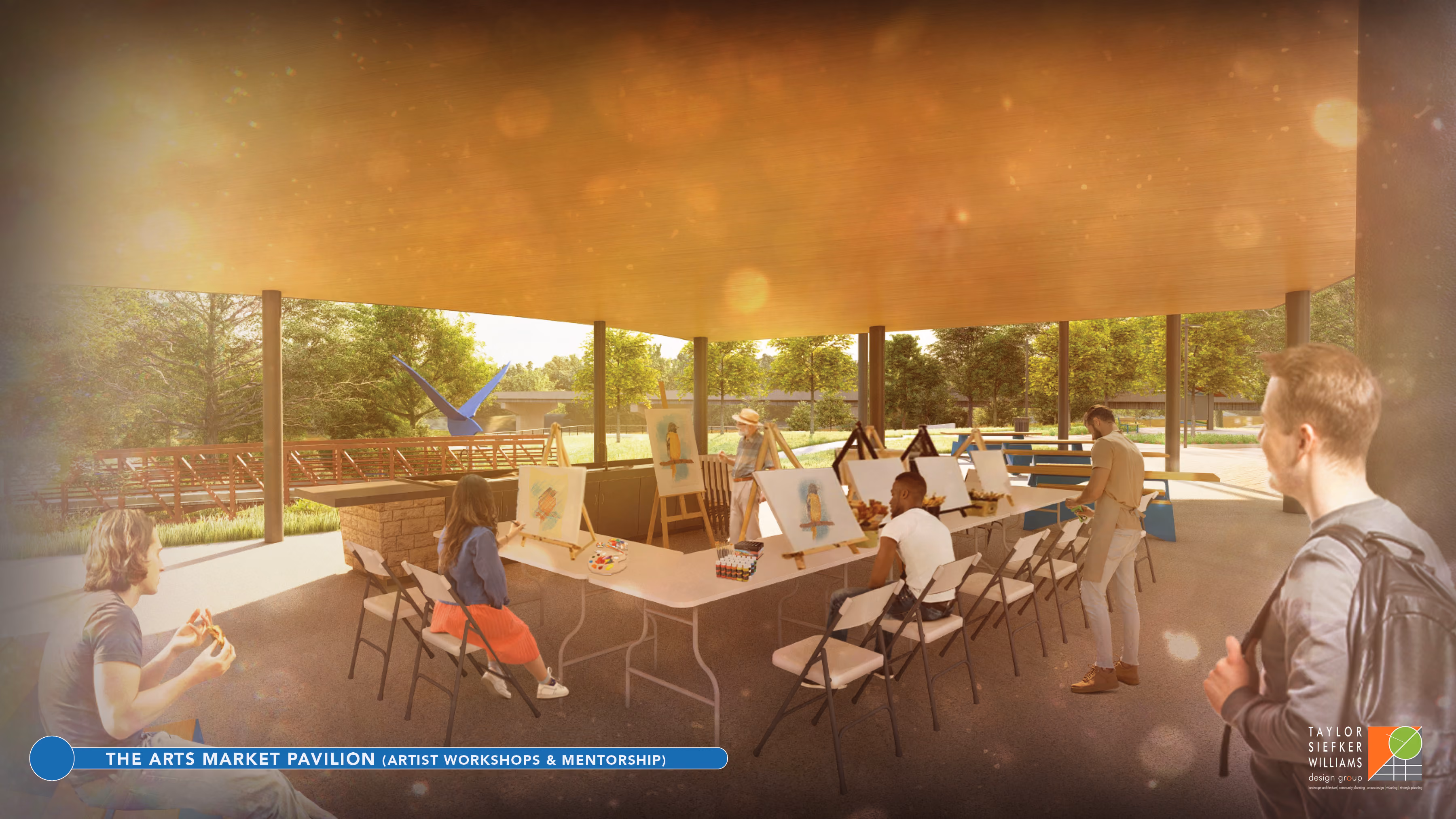 These conceptual renderings show the proposed Arts Market Pavilion at Sweet OC Arts Park along the White River in Spencer. The pavilion is planned as a space for artist markets, workshops and community events. SUBMITTED IMAGE | TAYLOR SIEFKER WILLIAMS DESIGN GROUP