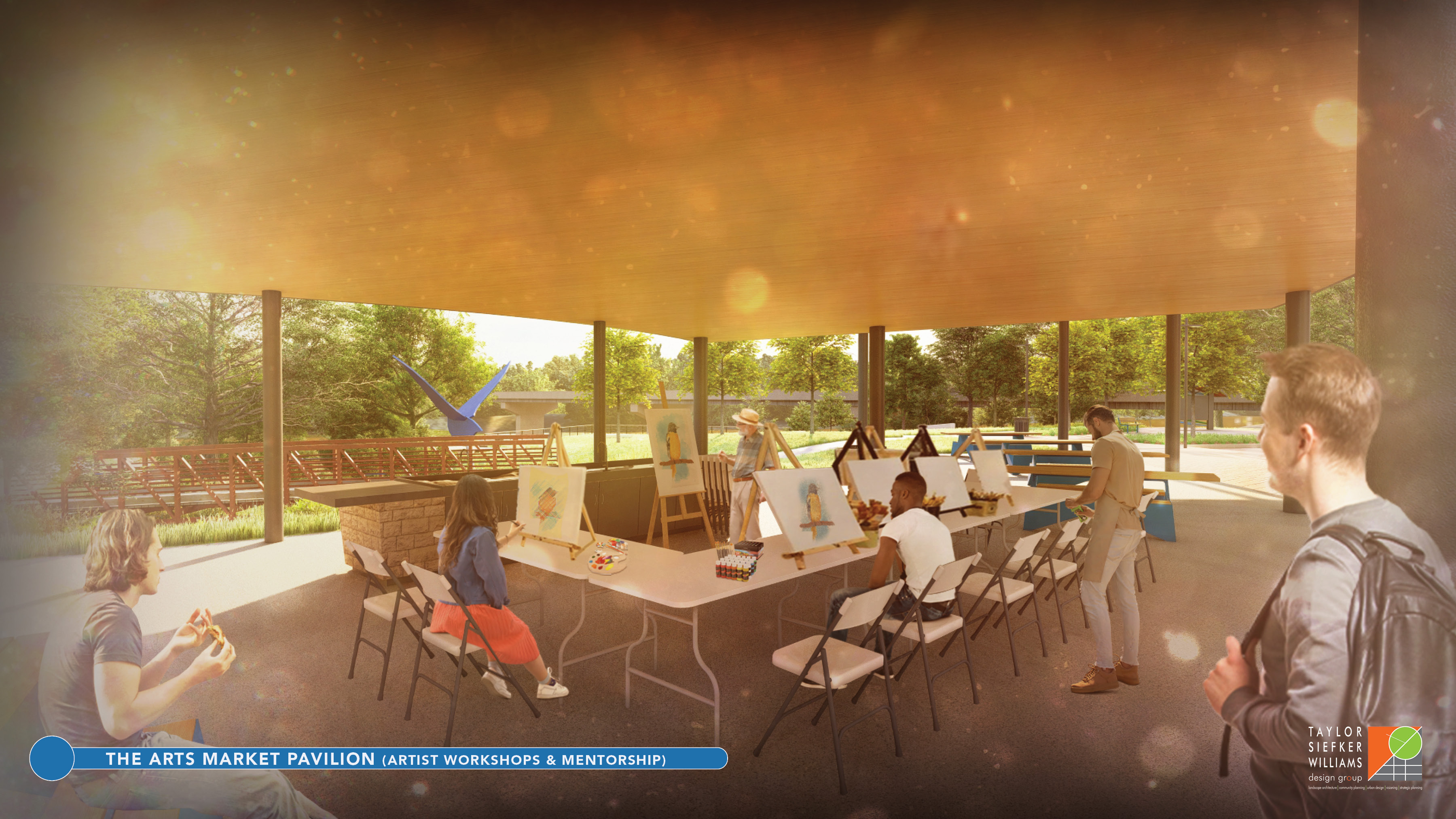 These conceptual renderings show the proposed Arts Market Pavilion at Sweet OC Arts Park along the White River in Spencer. The pavilion is planned as a space for artist markets, workshops and community events. SUBMITTED IMAGE | TAYLOR SIEFKER WILLIAMS DESIGN GROUP