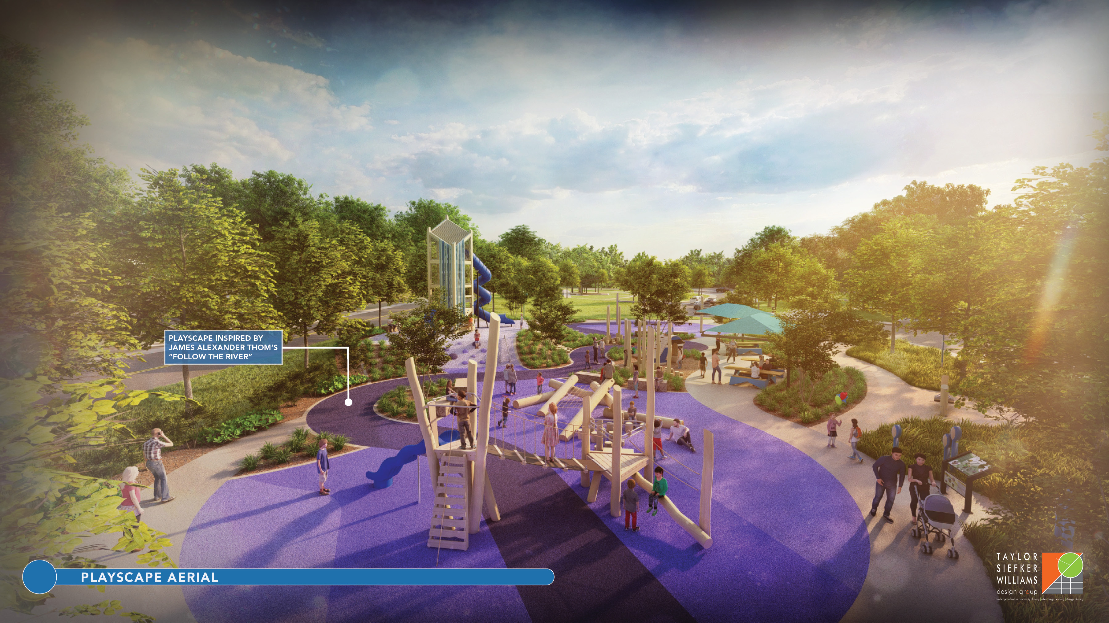 Conceptual renderings show several views of the proposed Follow the River-themed playscape at Sweet OC Arts Park. Inspired by Owen County author James Alexander Thom’s novel ‘Follow the River’, the play area is envisioned as an interactive space for children and families within the riverfront park. The playscape is not included in the currently funded phase of the project, and additional fundraising will be required before it can be constructed. SUBMITTED IMAGE | TAYLOR SIEFKER WILLIAMS DESIGN GROUP