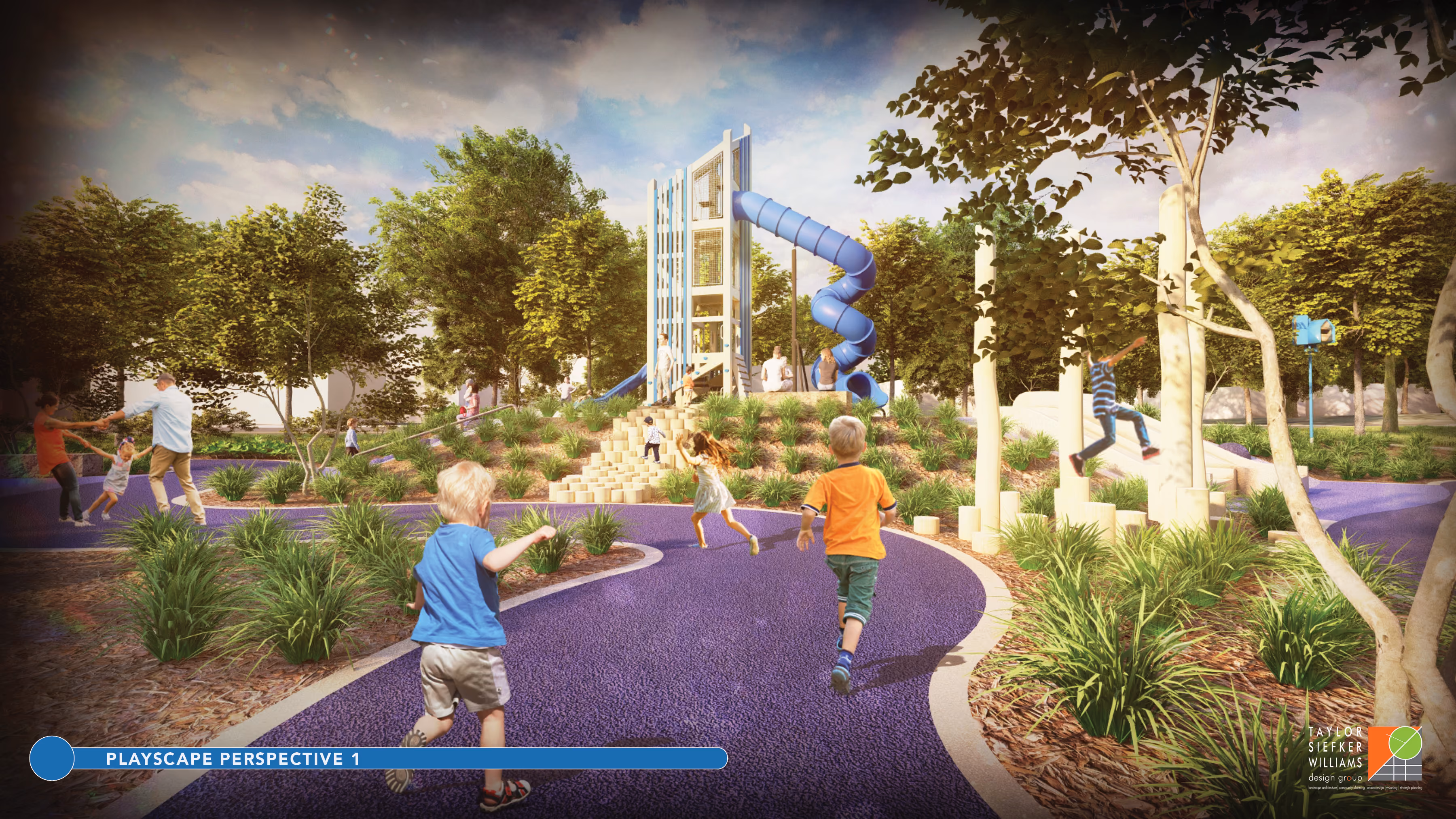 Conceptual renderings show several views of the proposed Follow the River-themed playscape at Sweet OC Arts Park. Inspired by Owen County author James Alexander Thom’s novel ‘Follow the River’, the play area is envisioned as an interactive space for children and families within the riverfront park. The playscape is not included in the currently funded phase of the project, and additional fundraising will be required before it can be constructed. SUBMITTED IMAGE | TAYLOR SIEFKER WILLIAMS DESIGN GROUP