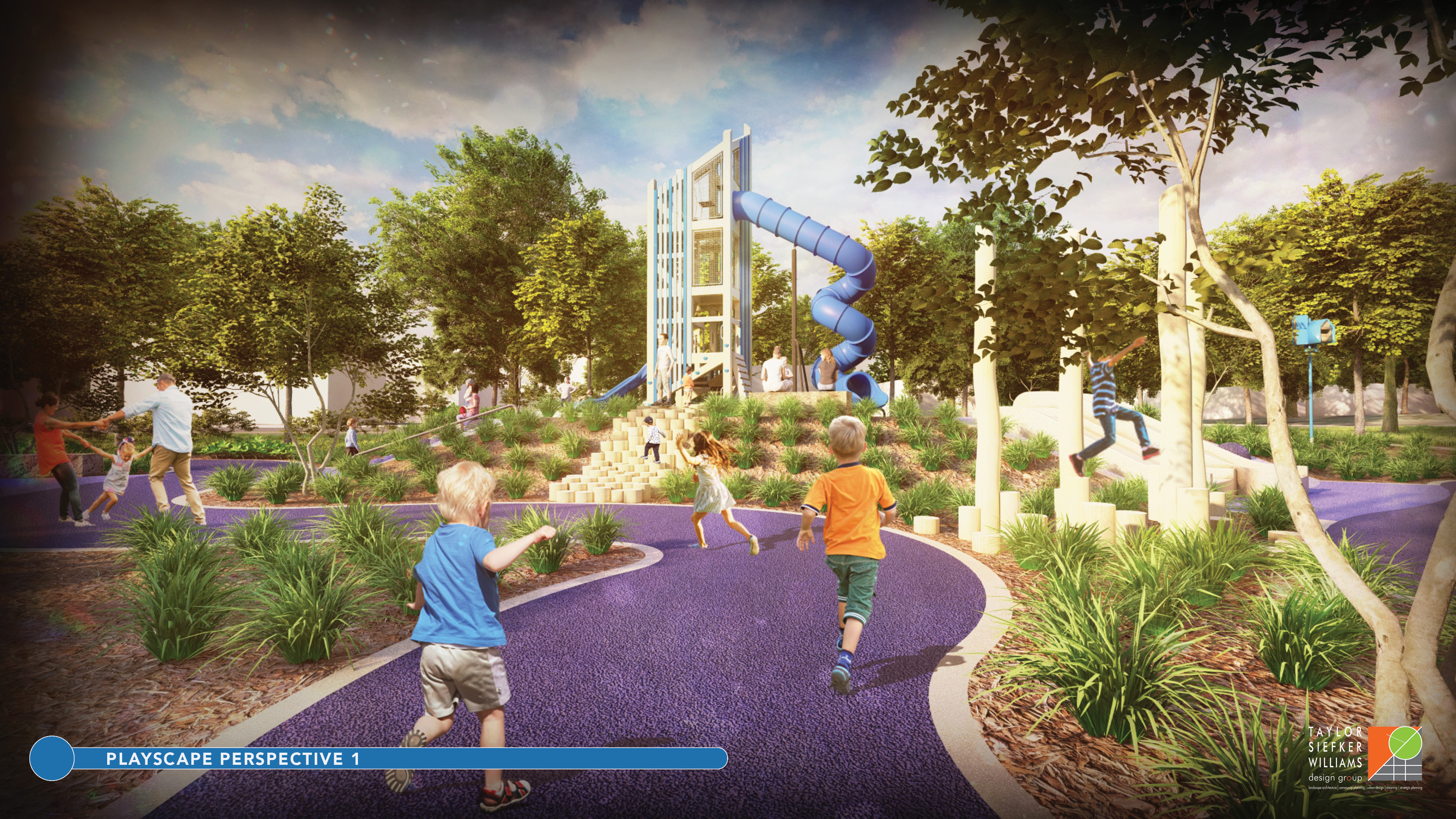 Conceptual renderings show several views of the proposed Follow the River-themed playscape at Sweet OC Arts Park. Inspired by Owen County author James Alexander Thom’s novel ‘Follow the River’, the play area is envisioned as an interactive space for children and families within the riverfront park. The playscape is not included in the currently funded phase of the project, and additional fundraising will be required before it can be constructed. SUBMITTED IMAGE | TAYLOR SIEFKER WILLIAMS DESIGN GROUP