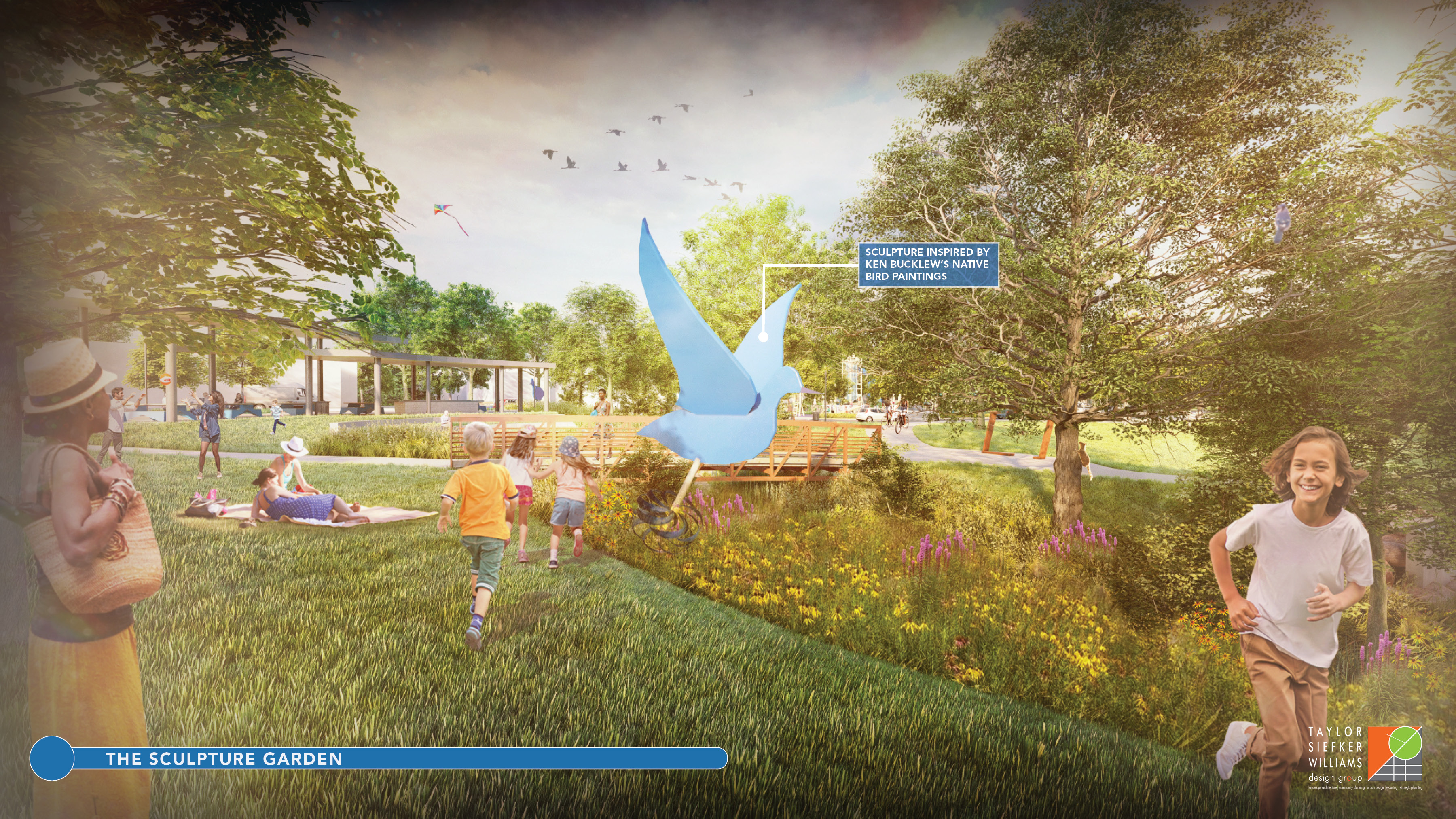Conceptual renderings show the planned Sculpture Garden at Sweet OC Arts Park during rormal conditions, Inspired by Owen County artist Ken Bucklew’s paintings of native birds, the proposed kinetic bird sculpture is designed to interact with rising floodwaters, illustrating how the riverfront park will incorporate periodic flooding into its design rather than attempt to prevent it. SUBMITTED IMAGE | TAYLOR SIEFKER WILLIAMS DESIGN GROUP