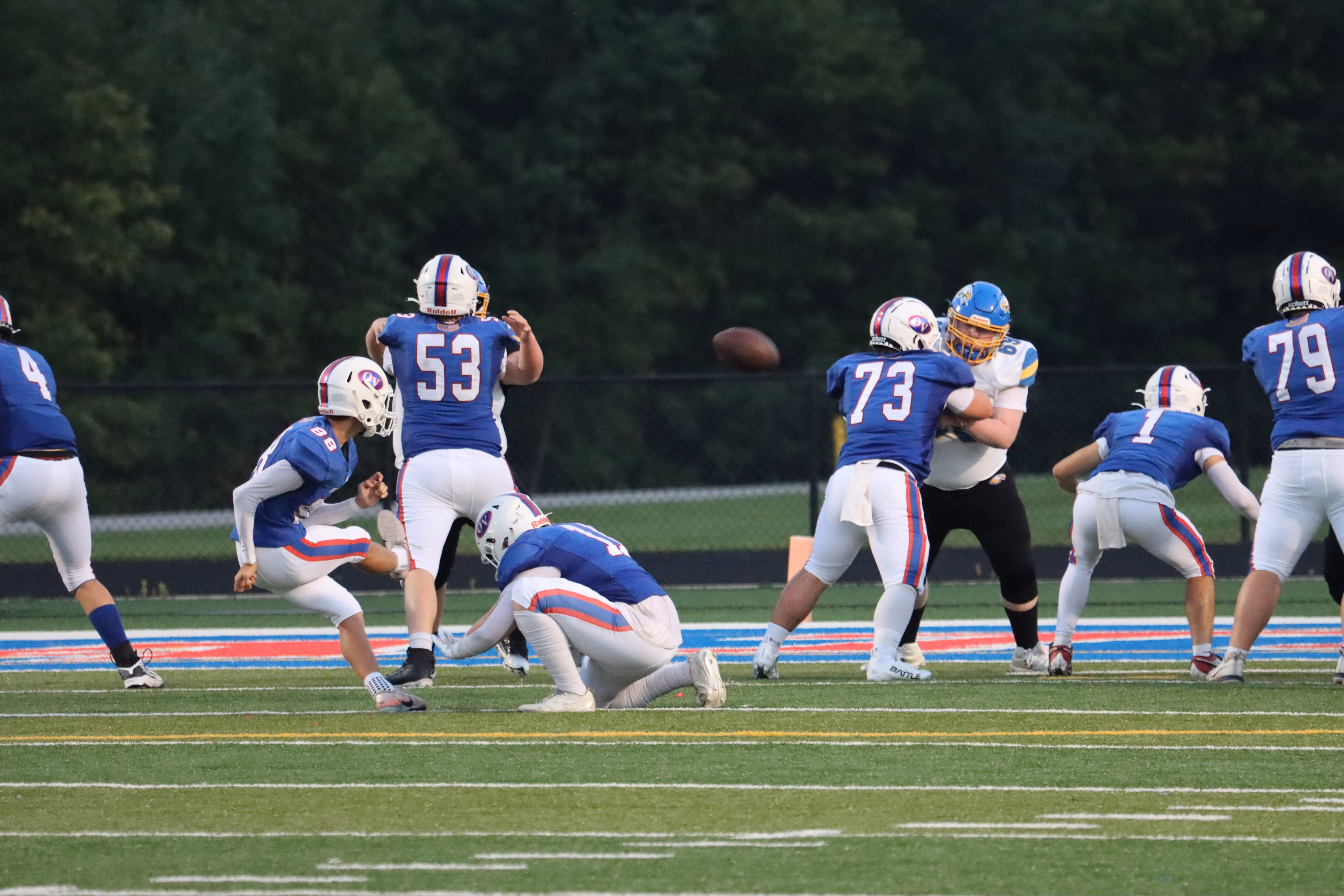 Senior Brody Wood (#88) kicks one of his six extra points during Owen Valley’s 64-0 season-opening win over Brown County. SUBMITTED PHOTO | AARON LAGRANGE