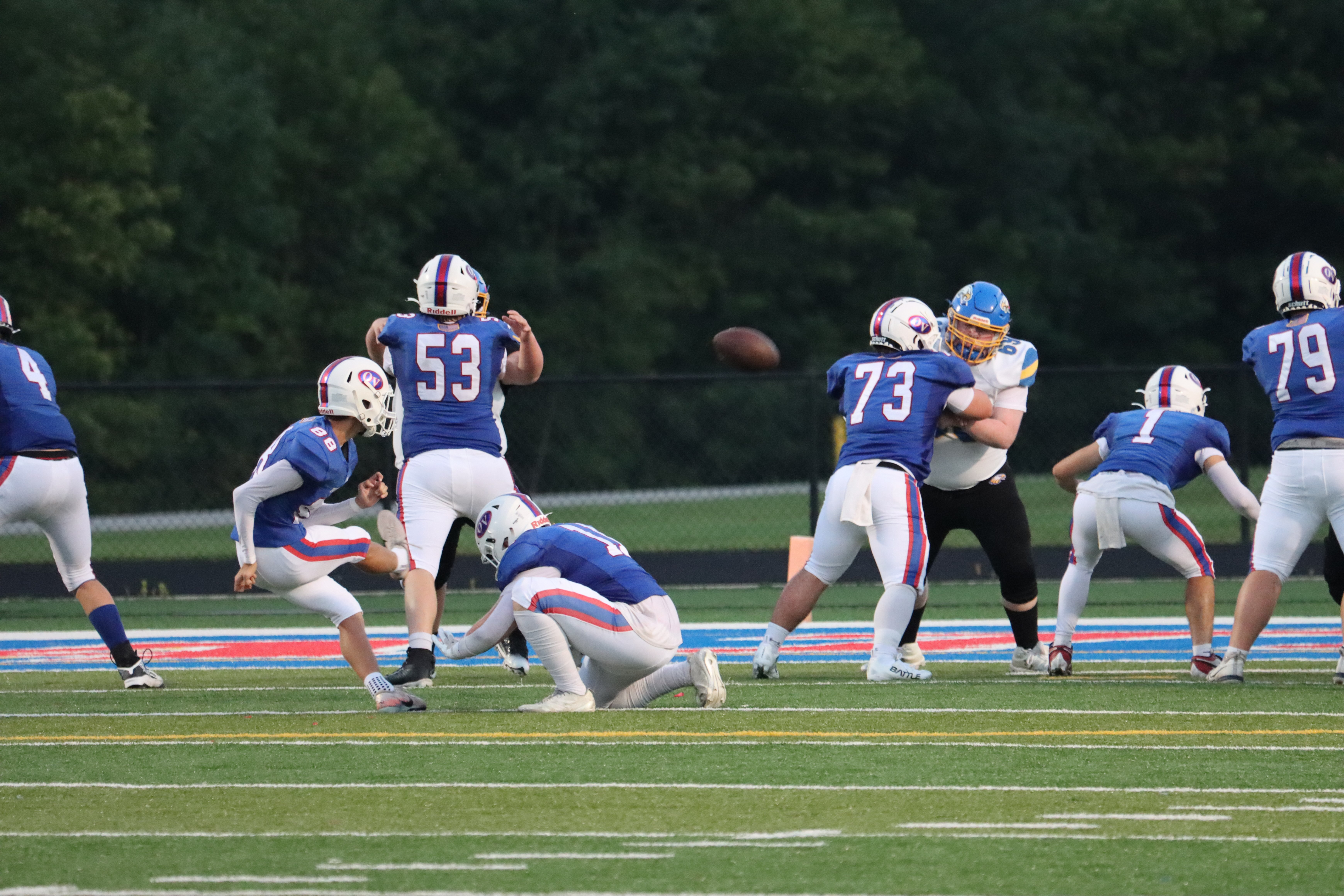 Senior Brody Wood (#88) kicks one of his six extra points during Owen Valley’s 64-0 season-opening win over Brown County. SUBMITTED PHOTO | AARON LAGRANGE