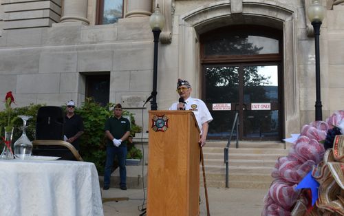 VFW Post #1405 Past Commander Ted Mangin speaks at the podium on the Owen County Courthouse lawn during the annual POW/MIA and 9/11 Remembrance Day ceremony on Sept. 11. TRAVIS CURRY | THE OWEN NEWS