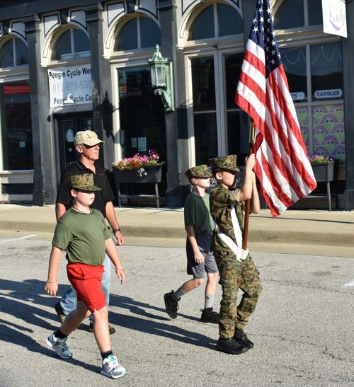 The Morgan County Young Marines Gosport Unit marched Sept. 4 in the annual GES Back-to-School Parade, led by retired U.S. Marine and head custodian Dale Brown. Pictured in the unit are Tandyn Mitchell (son of Travis and Samantha Lester and Roy Mitchell), Asher Merriman (son of Kayla Wilcoxon), and Branson Daugherty (son of Brian and Sheldon Daugherty), who carried the American flag. TRAVIS CURRY | THE OWEN NEWS