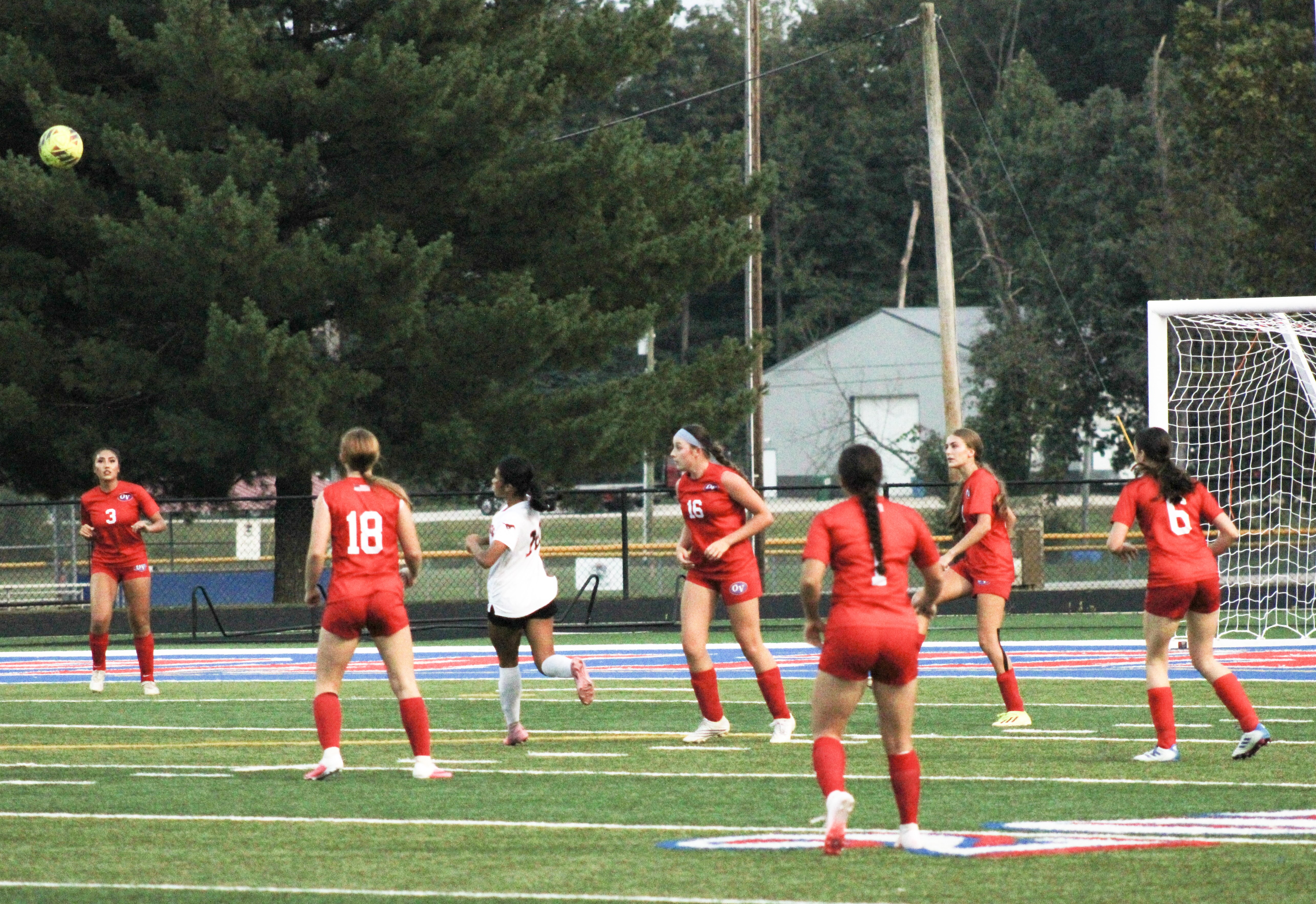 Patriots converge to defend their goal during their Sept. 9 match against Edgewood. The Patriots fell to the Mustangs 2-0. STAFF PHOTO | THE OWEN NEWS