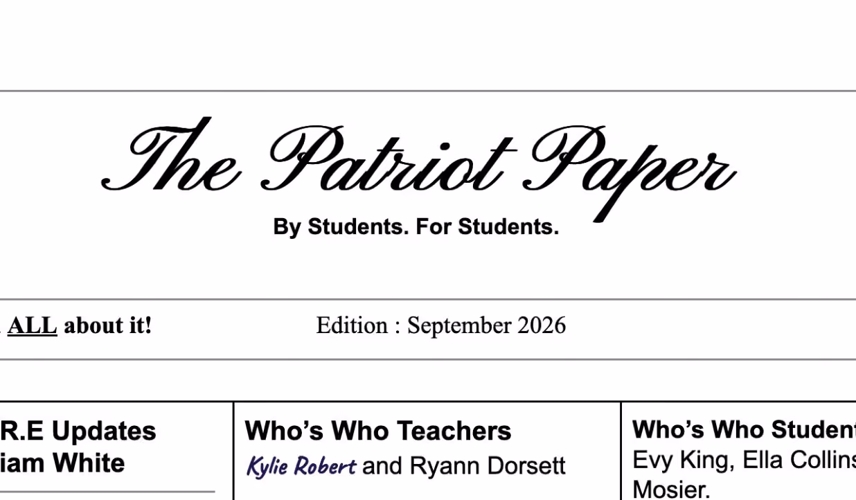 Masthead of The Patriot Paper, a Spencer Elementary student newspaper, from its September 2026 edition.