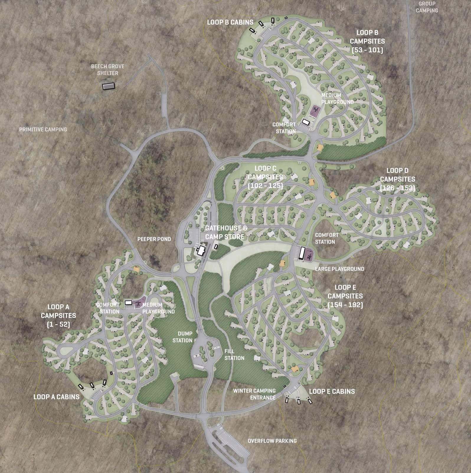 A detailed master plan map by Schmidt Associates and the Indiana Department of Natural Resources outlining the new campground layout at McCormick’s Creek State Park. SUBMITTED IMAGE