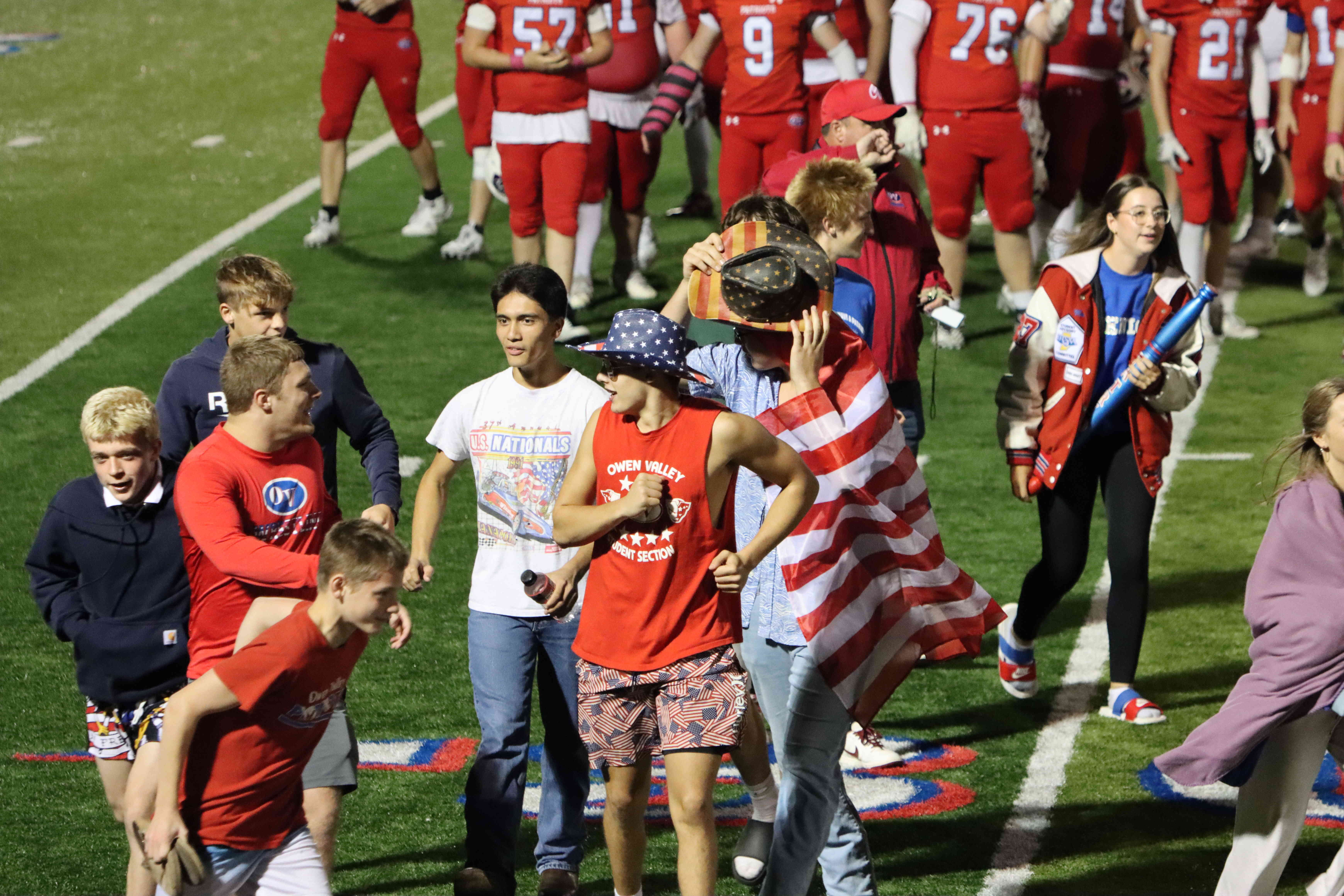 The Owen Valley Student Section was ready for action on Homecoming Friday Night as the Patriots took on the Vikings. While the students didn’t get to see a high scoring game, they got to see a close one as Owen Valley defeated West Vigo 19-14. Some students even joined the Patriots on the field for an after-game celebration. SUBMITTED PHOTOS | AARON LAGRANGE