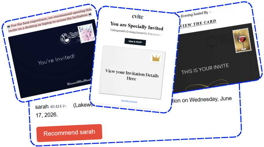 Examples of suspicious invitation-style phishing emails and endorsement messages.