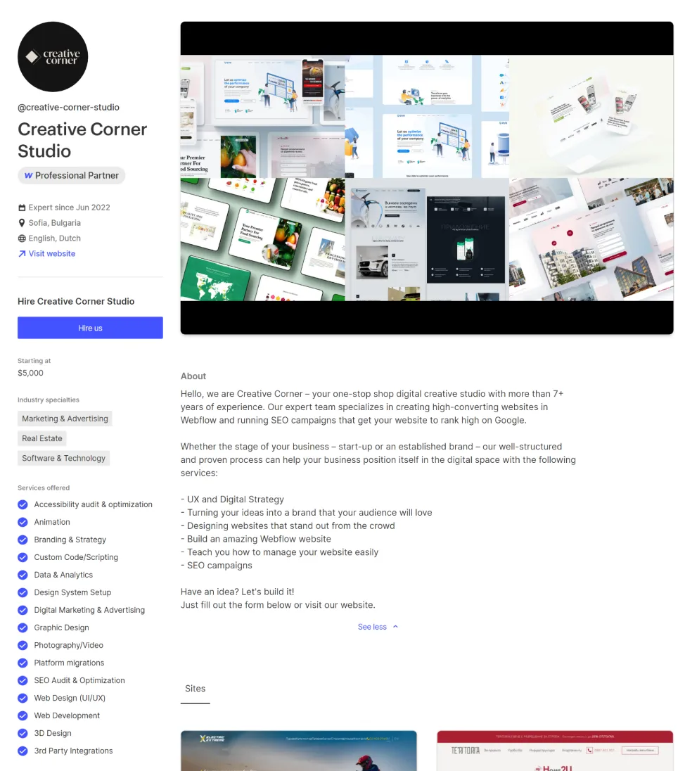 Screenshot of creative corner's professional partenr Webflow webpage