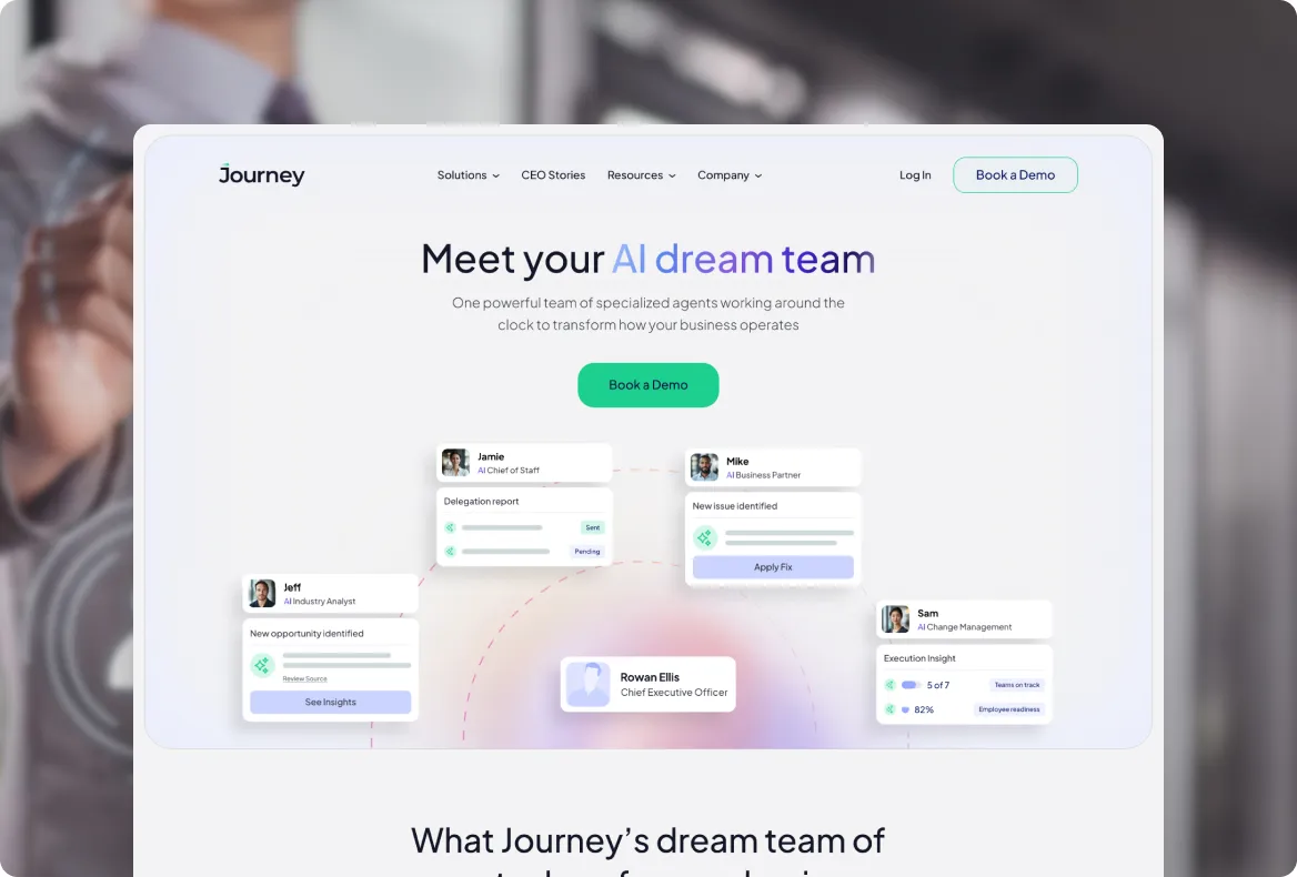 Screenshot of a website homepage showing 'Meet your AI dream team' with a diagram of team members and their roles including CEO and analysts, with a Book a Demo button.