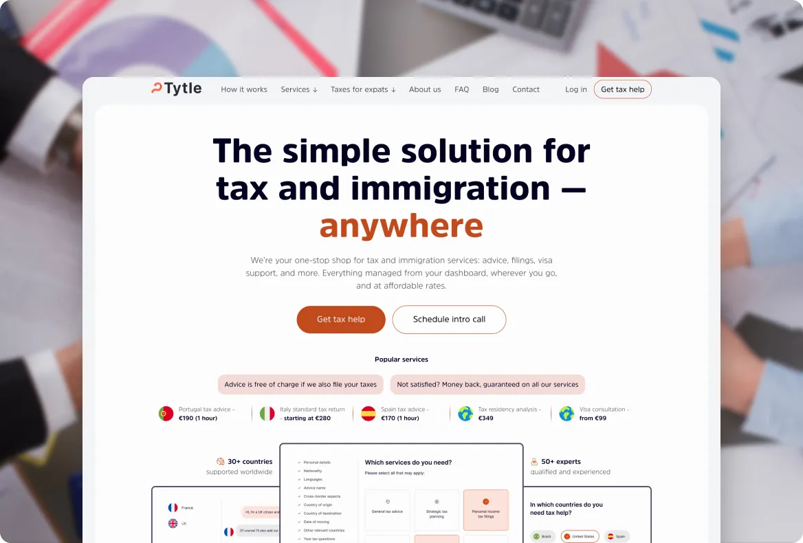 Website homepage for tax and immigration services offering advice, filings, visa support, and scheduling intro calls.