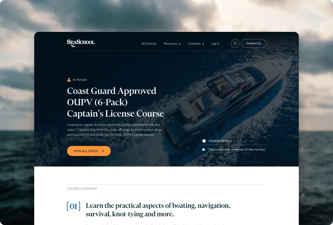 Webpage promoting Sea School's in-person Coast Guard Approved OUPV (6-Pack) Captain's License Course featuring a motorboat on water and course details.