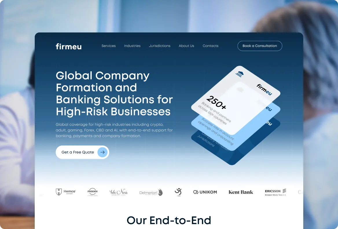 Website homepage of Firmeu offering global company formation and banking solutions with emphasis on high-risk businesses, featuring a call-to-action button and logos of partner companies.