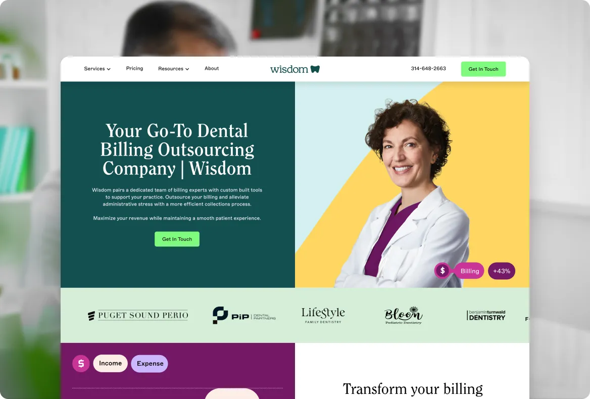 Dental billing outsourcing company website homepage with smiling female dentist on yellow and light blue background.