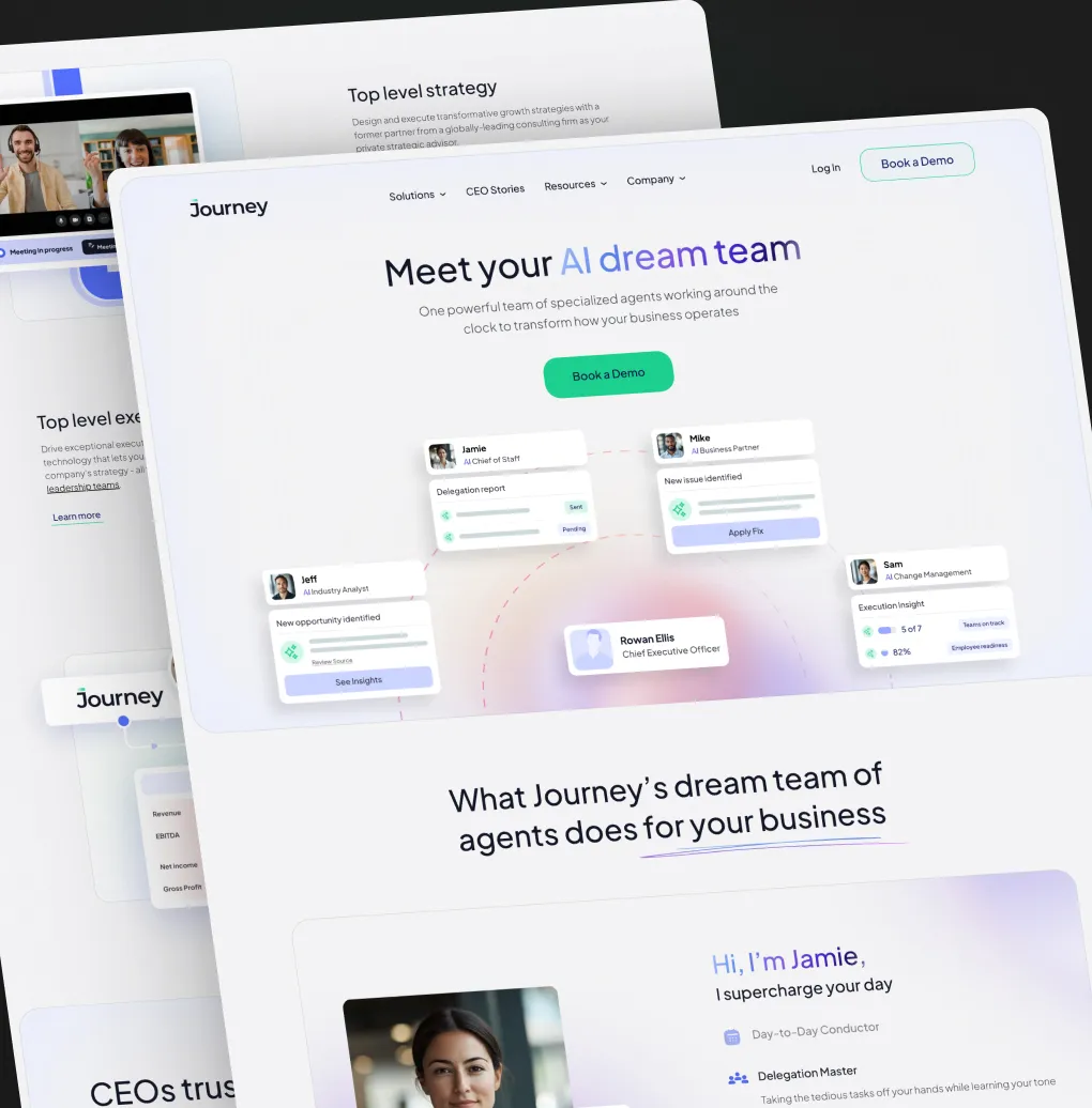 Website interface of Journey showing AI-powered team roles, including Chief Executive Officer Rowan Ellis and AI agents Jamie, Mike, Jeff, and Sam, with a call-to-action to book a demo.