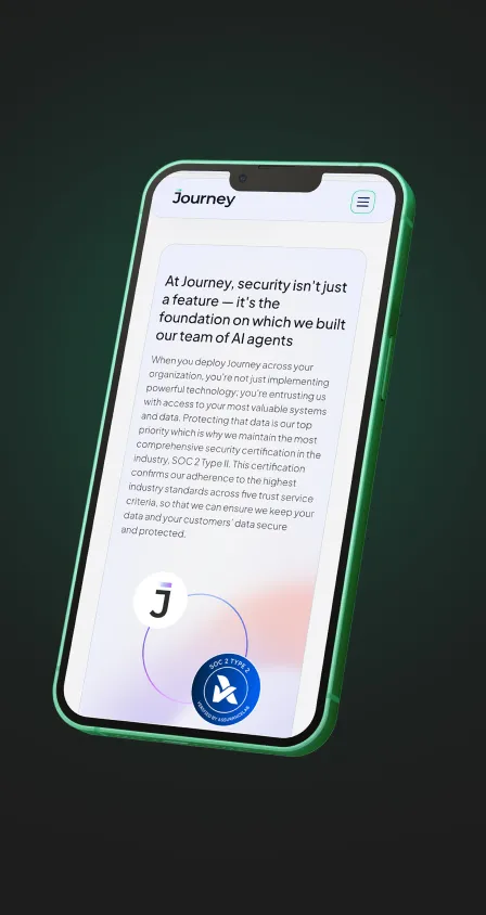 Smartphone displaying a message about Journey's AI agents emphasizing security and SOC 2 Type II certification.
