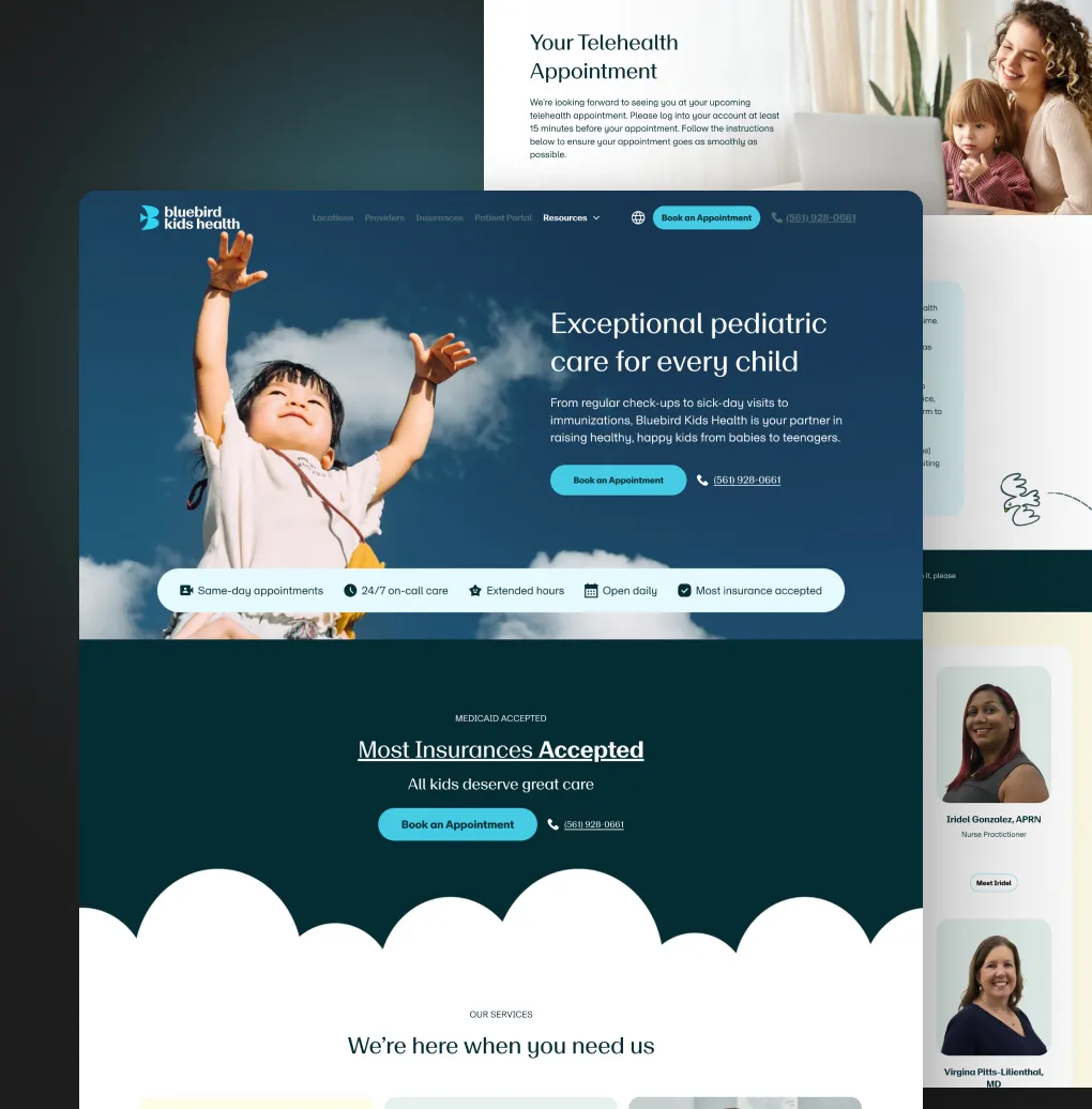 Website homepage of Bluebird Kids Health featuring a happy child reaching up toward the sky with text about exceptional pediatric care, insurance acceptance, and appointment booking options.