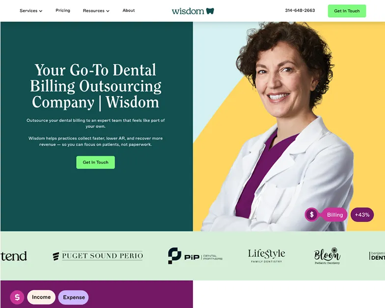 Smiling female dental professional with curly hair in white coat and purple scrubs, next to text promoting Wisdom dental billing outsourcing with a green Get In Touch button.