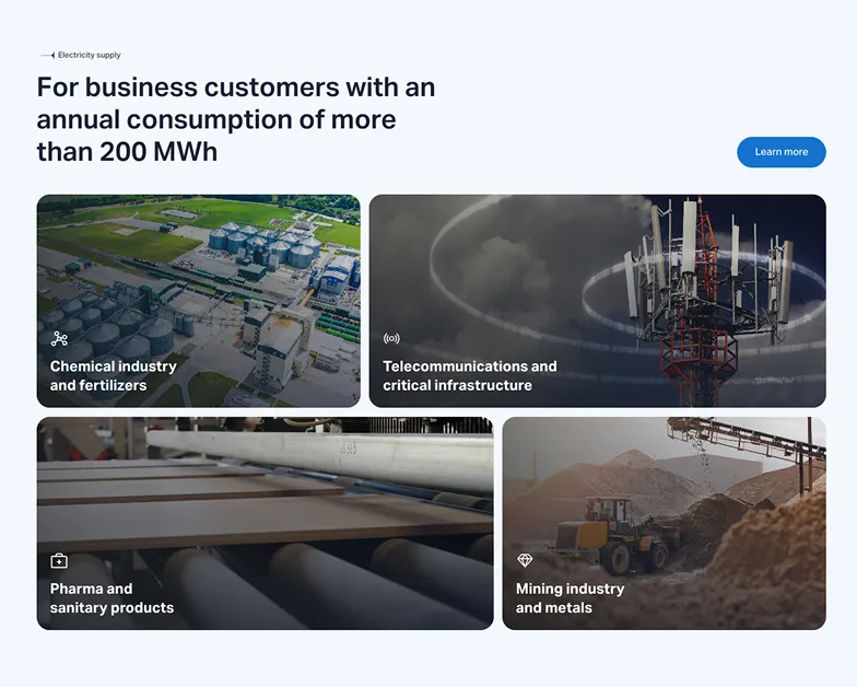 Four rectangular images representing industries: an industrial complex for chemical and fertilizer industry, a telecommunications tower with signal rings, production line for pharma and sanitary products, and excavation machinery at a mining site.