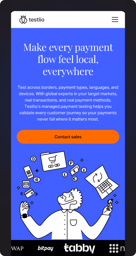 Mobile screen showing Testlio with message on payment testing and a Contact sales button.