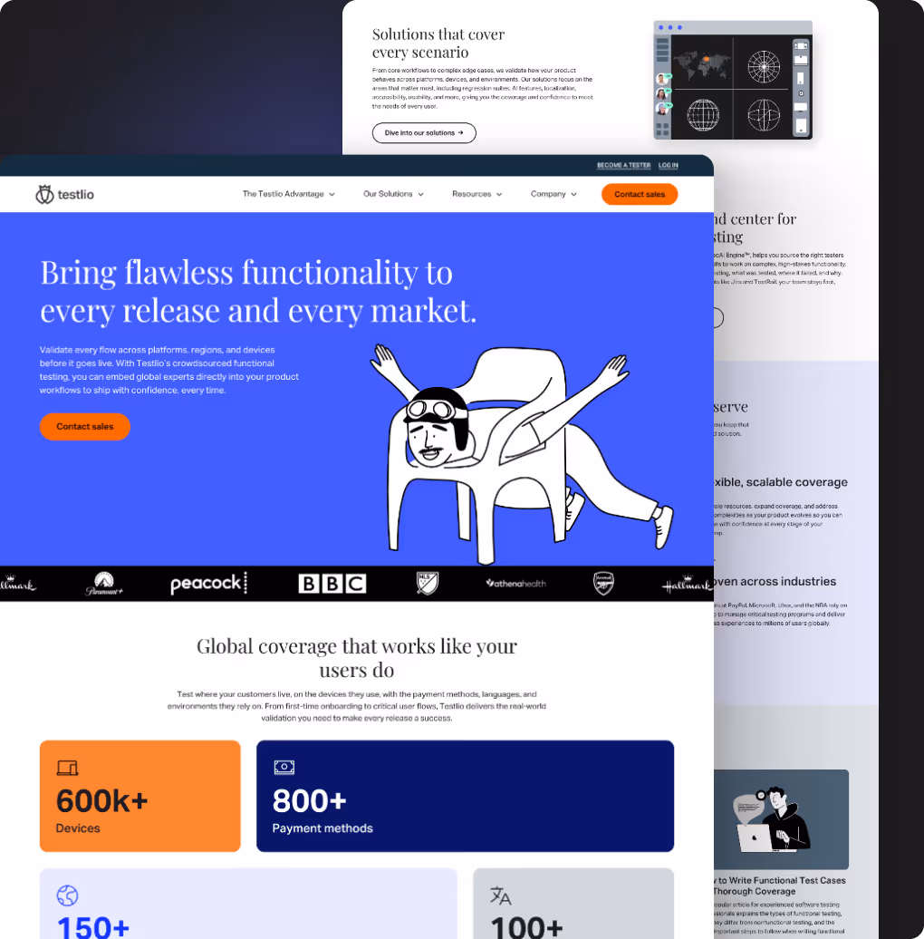 Testlio homepage with headline about flawless functionality and illustration of person stretching on chair.