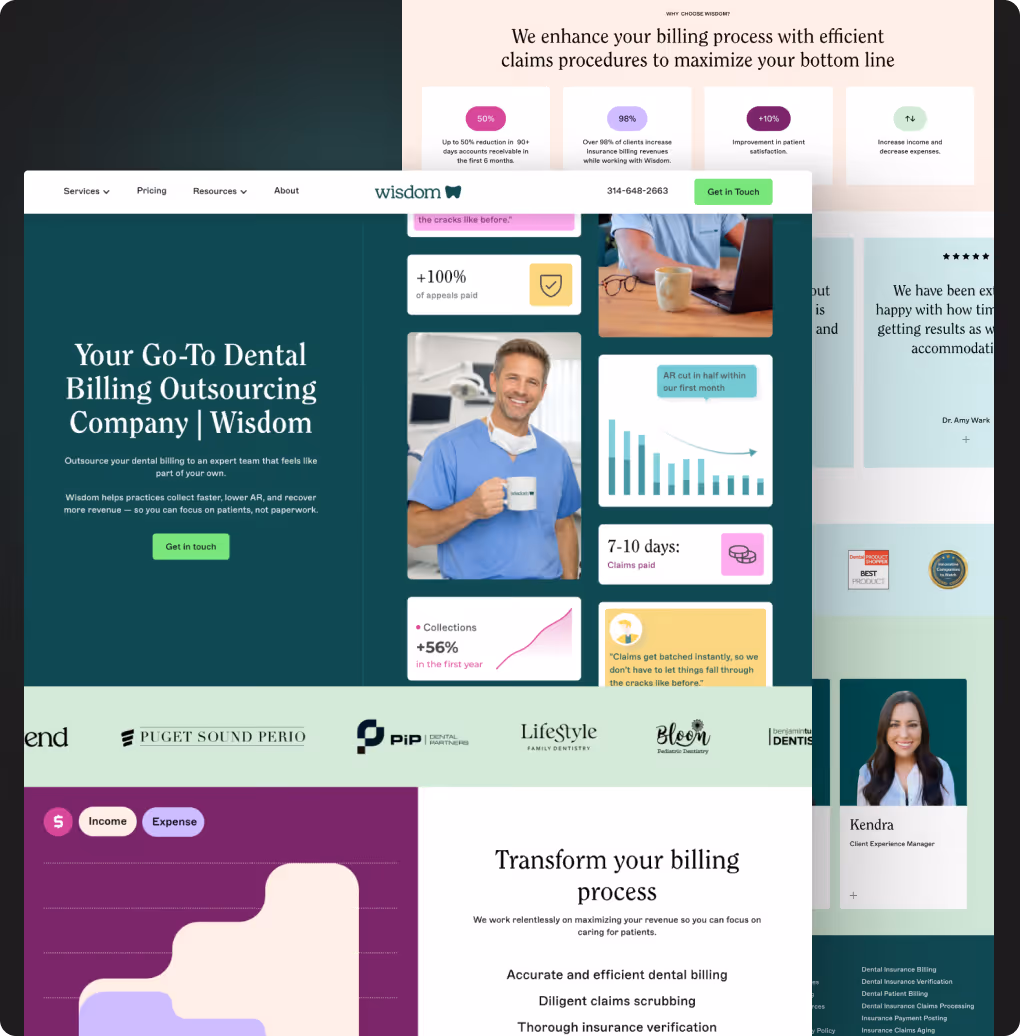 Website homepage promoting Wisdom dental billing outsourcing with testimonials, stats, and contact info.