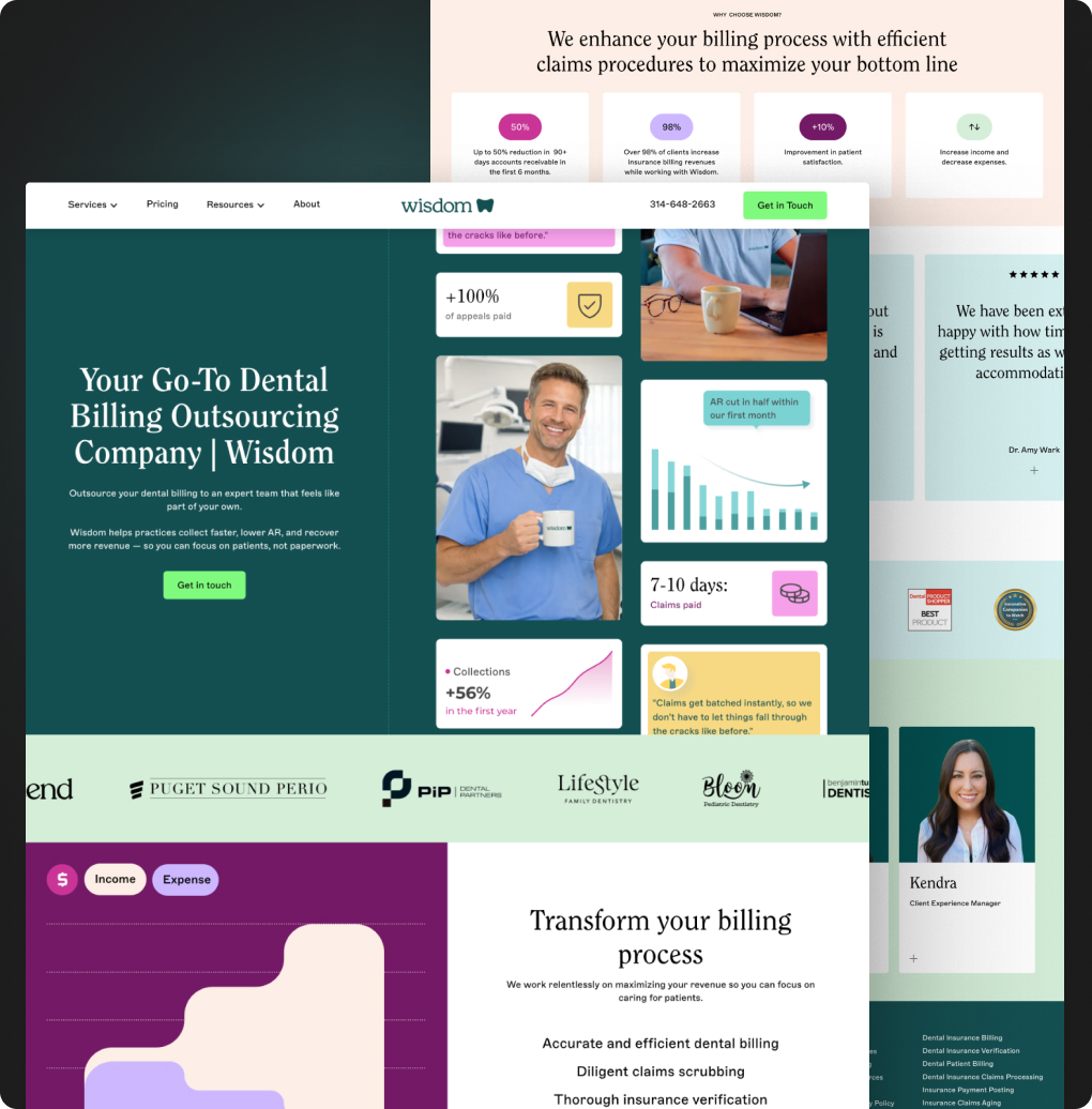 Website homepage promoting Wisdom dental billing outsourcing with testimonials, stats, and contact info.