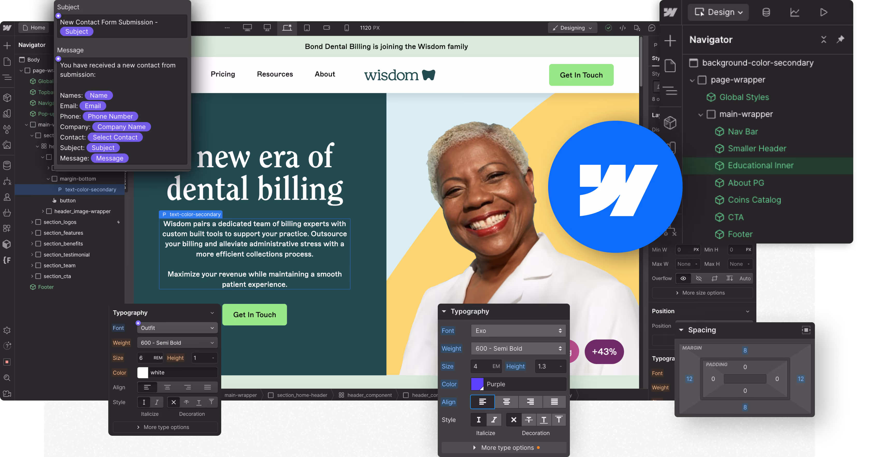 Webflow agency design interface displaying a dental billing website with editing panels and a smiling woman.