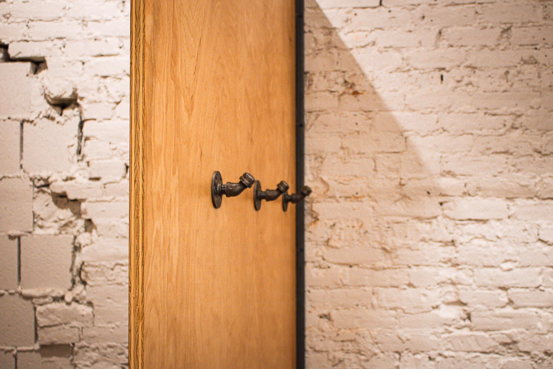FELT Chicago plywood door with black iron hardware against painted brick