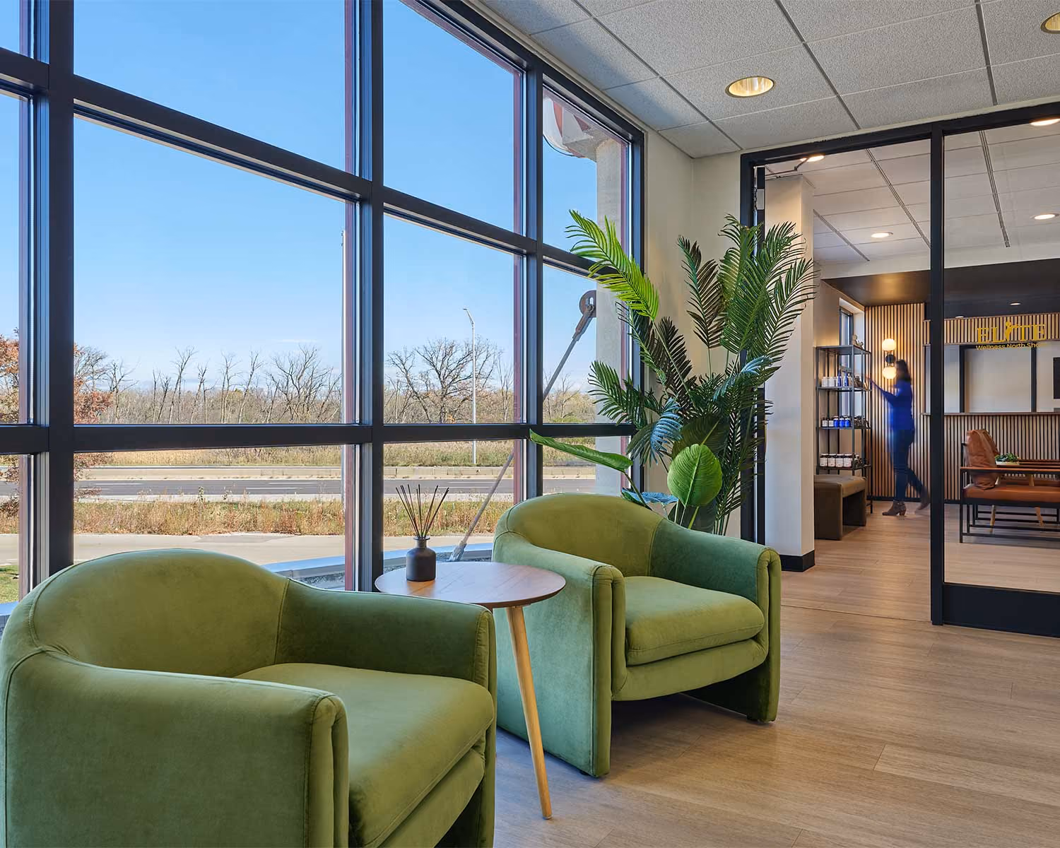 Elite Wellness waiting area with green velvet armchairs beside floor-to-ceiling windows