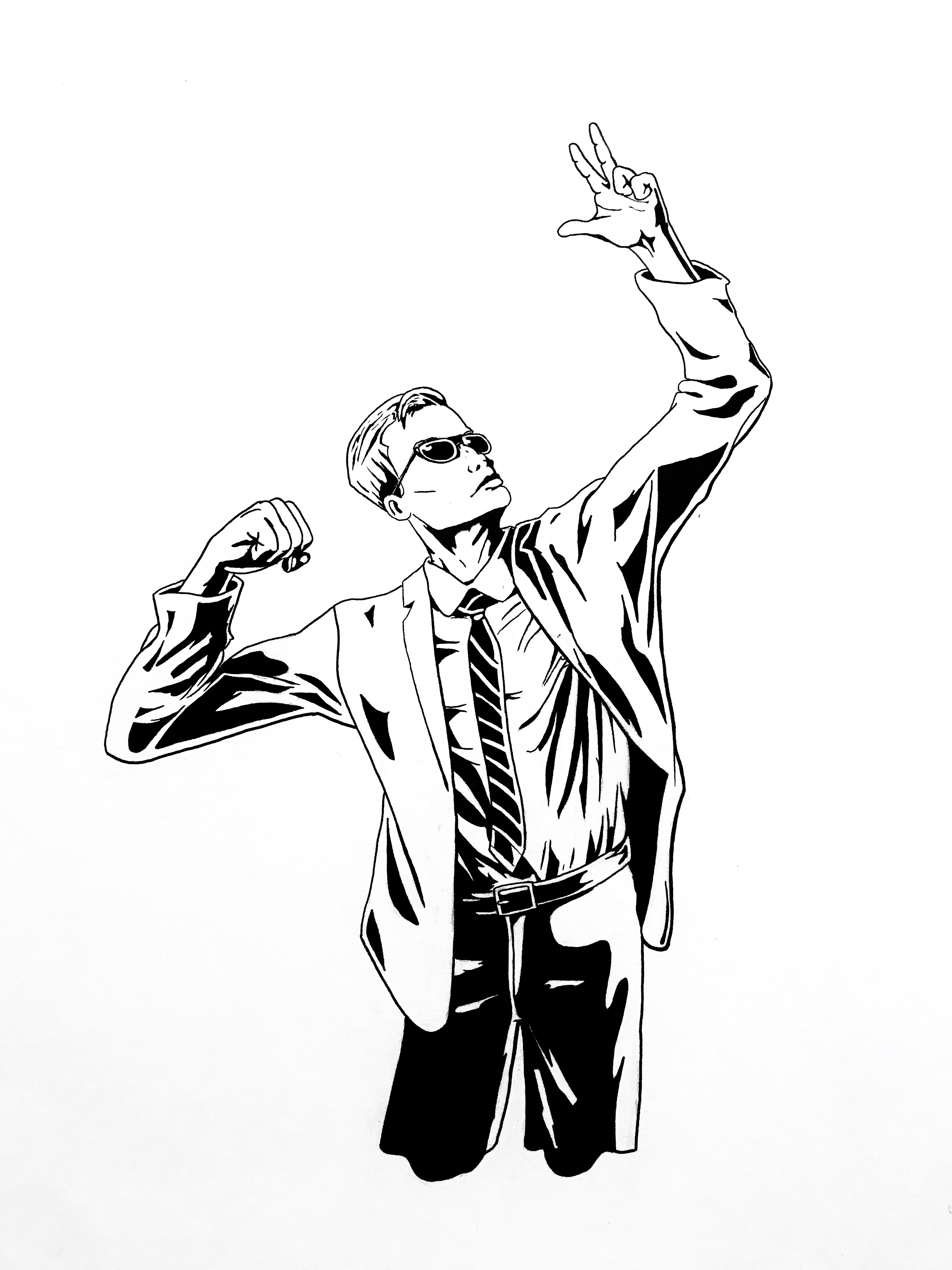 Black-and-white photo of a man posing with a hand up and a fist