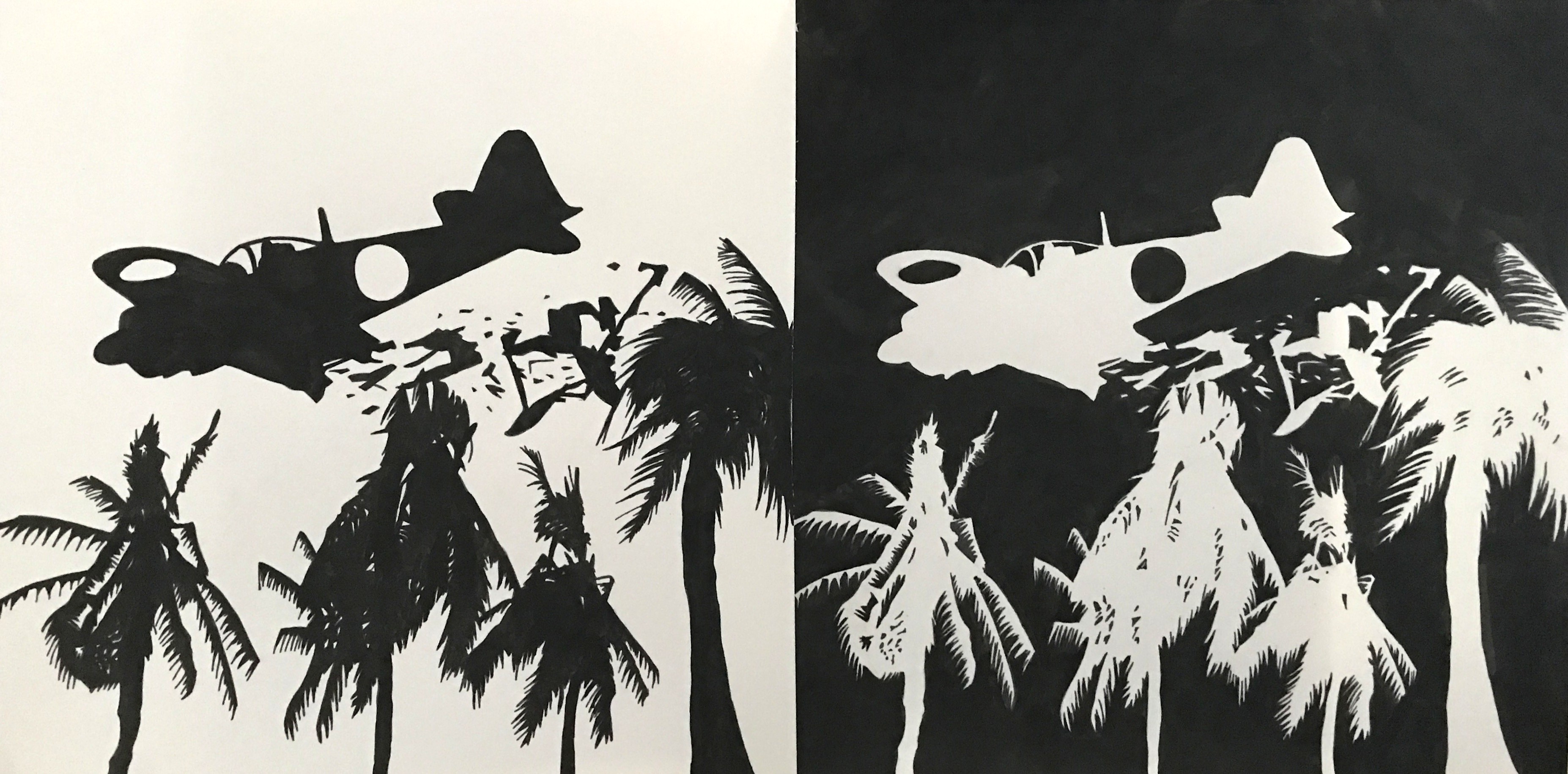 black and white reverse images of a plane and trees